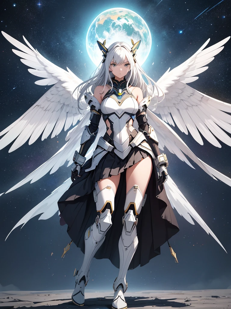(((full body photo))) Female mech,Spread your two white wings,bare shoulders,Bare waist,Bare with thighs,Armoured pleated skirt,Armored boots,visto ao longe,Arms spread wide,Planetary background,4K分辨率,A huge sense of oppression,Machinary,falling from sky,Technology and magic