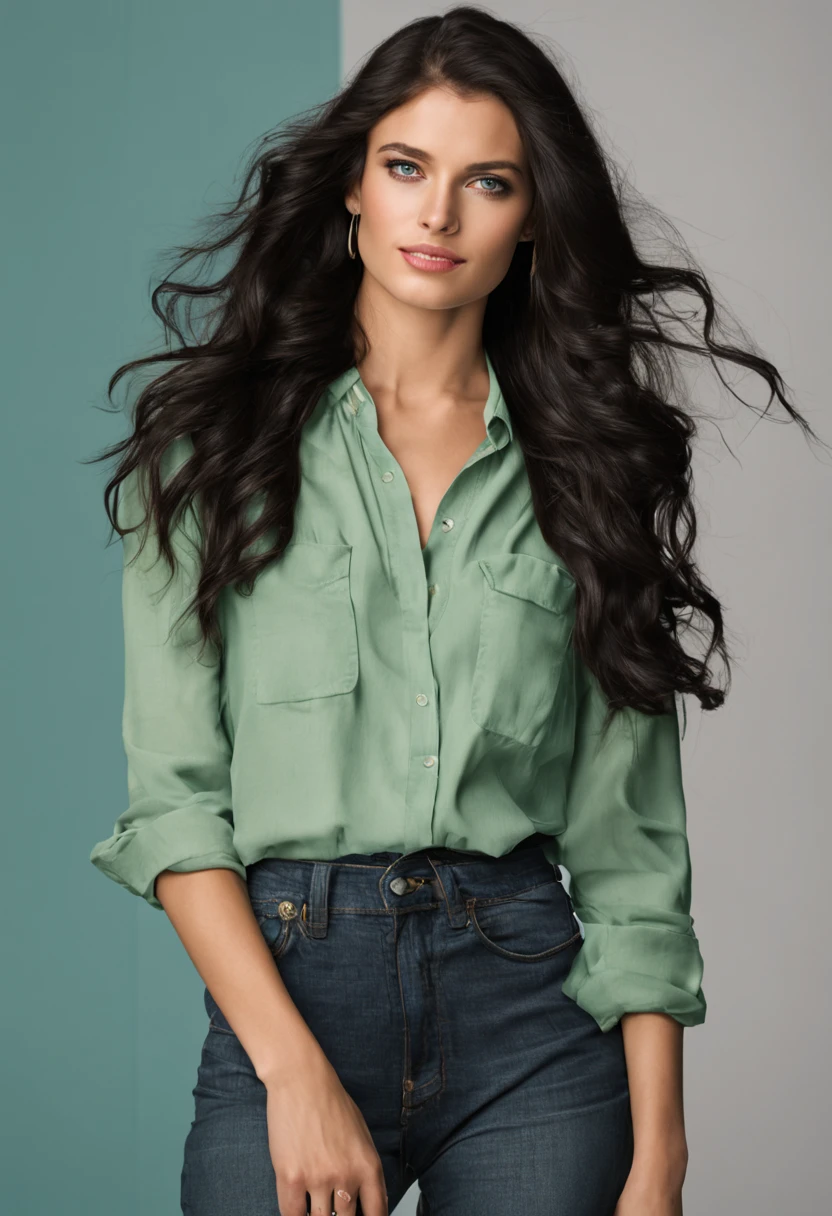 young woman, model, long wavy black hair, fair skin, perfect face, light blue eyes, upturned nose, wearing jeans and a green blouse.