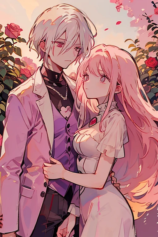 A pink haired woman with violet eyes with an hourglass figure is holding pink haired twin girls with  a white haired handsome man with red eyes in a rose garden
