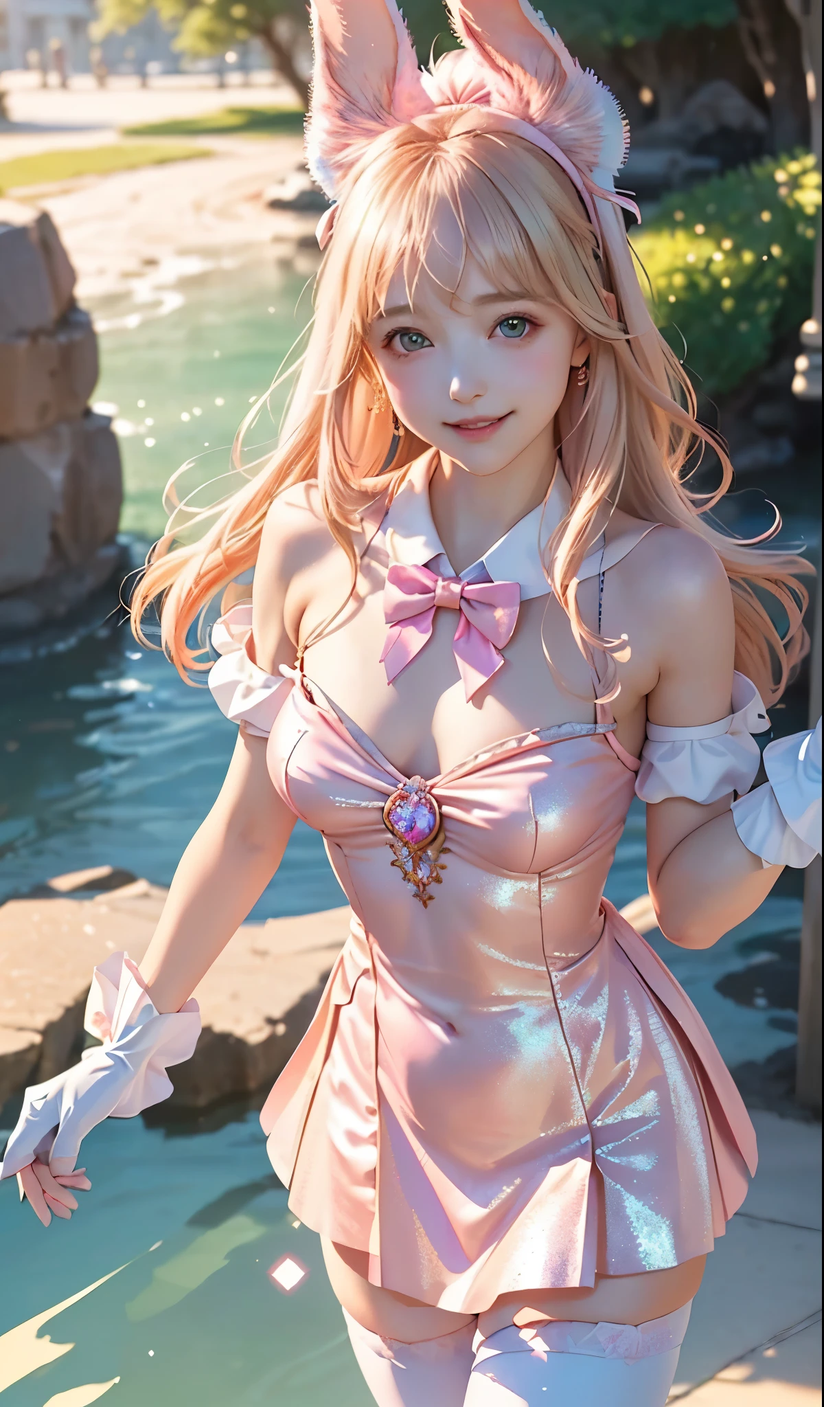 
masterpiece, best quality, extremely detailed CG unity 8k wallpaper, ,, ,(Upper Body head close-up shot of a beautiful little girl), Wendy, Long straight blonde hair,((Mckenna Grace)), (((flat chest))),((pink-Cyan))golden ((Glittering Maid Dress,Bunny Ear Headgear ,glove,Bow-tie,zettai ryouiki))， (()),(),(()),,(()) ,(((fleeing))), (Blush), oil skin ,()，, () (()),,(seductive smile)，,,, ,, (Wonderland),,(),,pretty fac, key art, award winning, intricate detail realism hdr, by (ruan jia and artgerm and range murata), Photorealism, Hyperrealism, ultra realistic, dramatic light, intense shadows, gorgeous view,depth of field