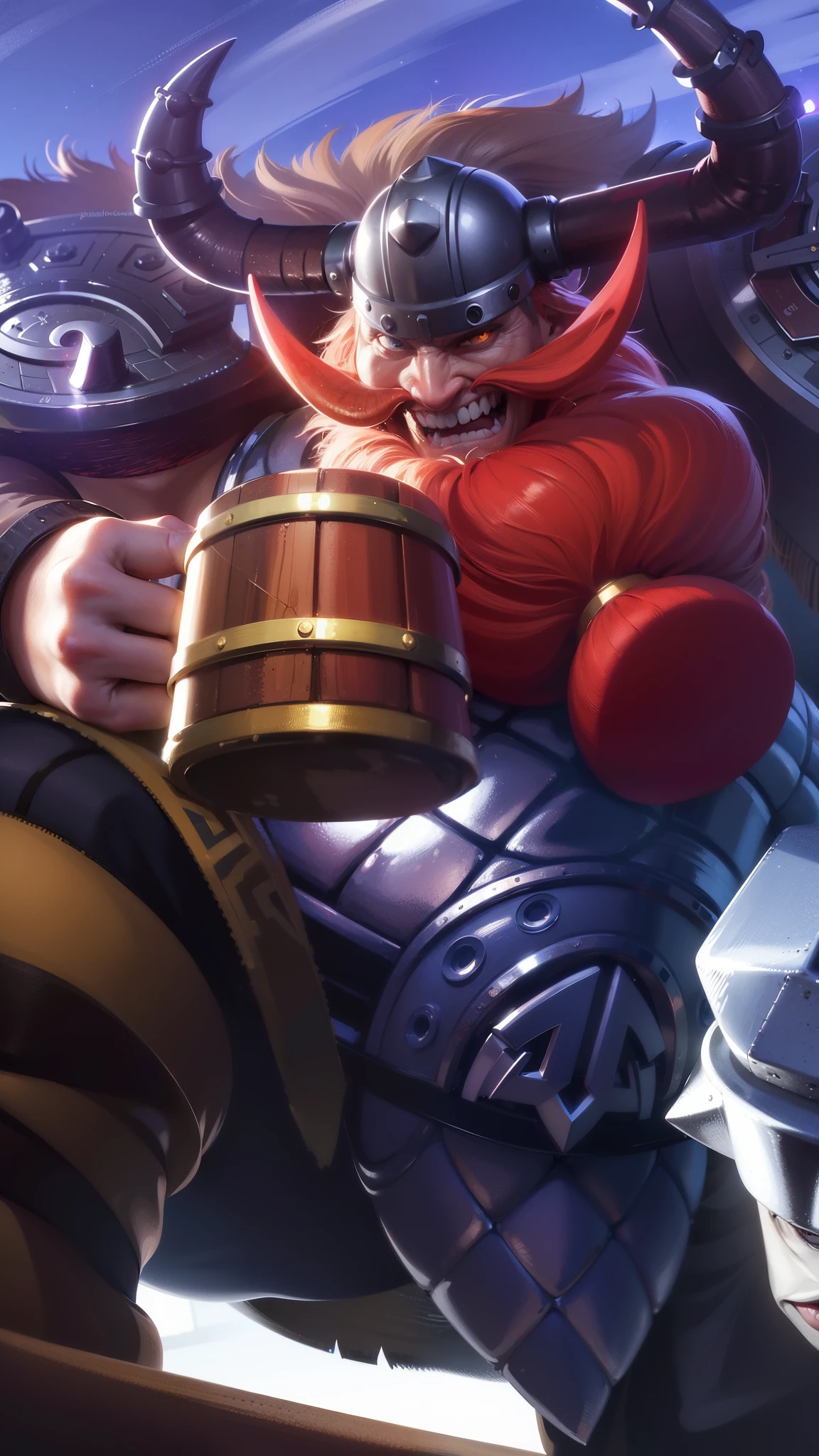 masculine male, masterpiece, ((perfect eyes)) best quality, (semirealism:1.9), beautiful lighting, (extremely detailed CG unity 4k fhd wallpaper), High Detail, Sharp focus, dramatic outdoors,40 years old, brown short hair, blue eyes, smile, Boy with two big horns, big earrings on ears, elf ear, red eyes, Thick eyebrows, evil smile, grinning,red body, red face, Burning skin, yellow diamonds glistening on chest, burning red skin,golden robe behind, big white belt , 8k , realistic, scary.