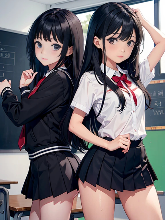 2girl girl、whole body、dynamic pose、dancing、Black long-haired、Hair flutters、Sweat、classroom、school uniform