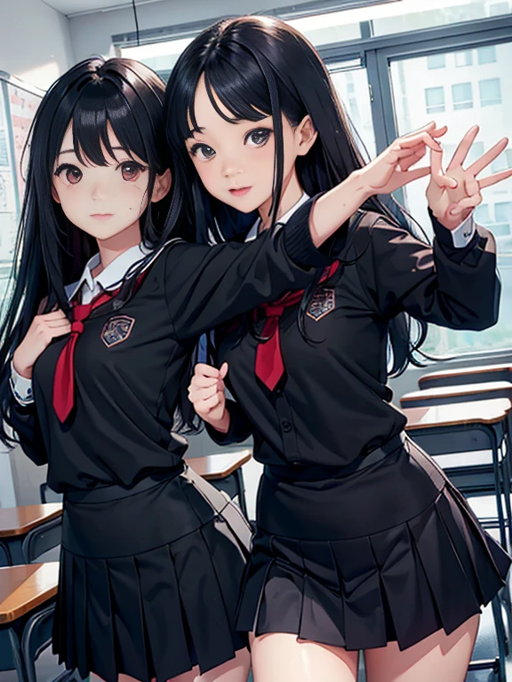 ２girl girl、whole body、dynamic pose、dancing、Black long-haired、Hair flutters、Sweat、classroom、school uniform