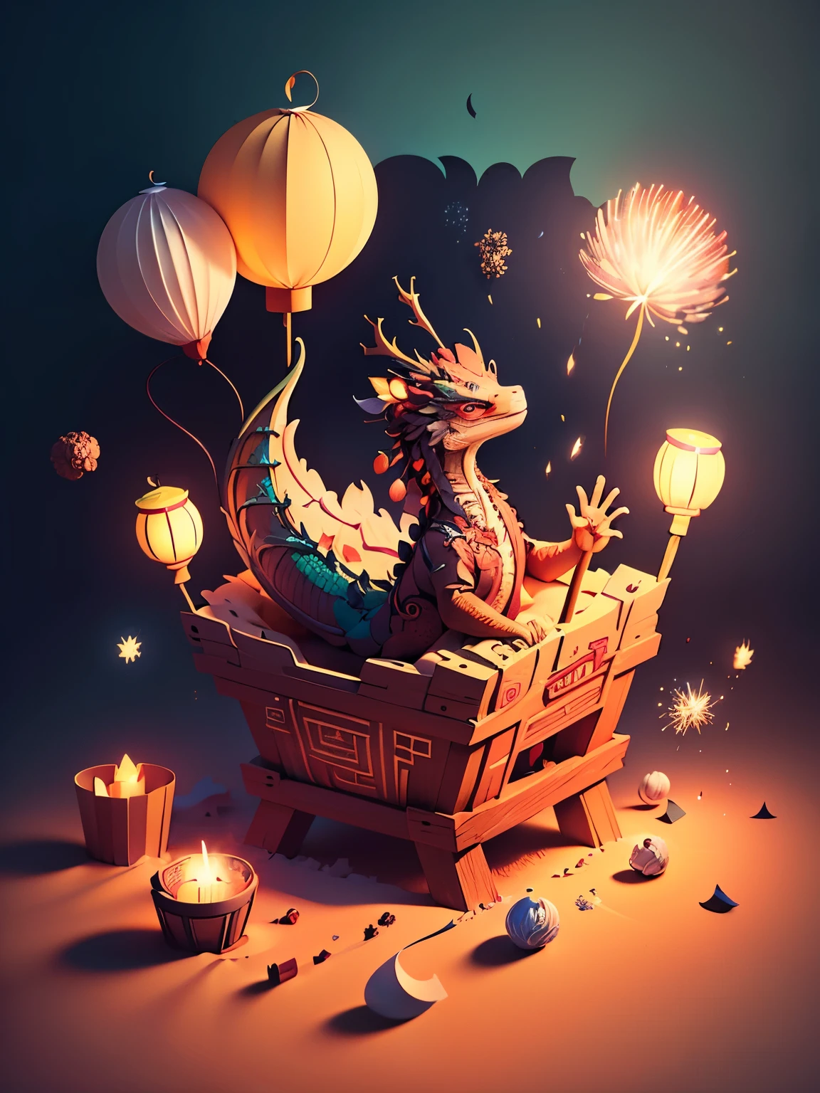 (Sandbox:1.4), cinematic angle, (1 cute child waving Chinese dragon shaped lantern, Chinese Spring Festival, festive, red background, clouds, flowers, fireworks, firecrackers, lanterns), (paper art, Quilted paper art, geomerty), (extremely colorful, Best quality, high detailed, Masterpiece, Cinematic Lighting, 4K, Chiaroscuro)