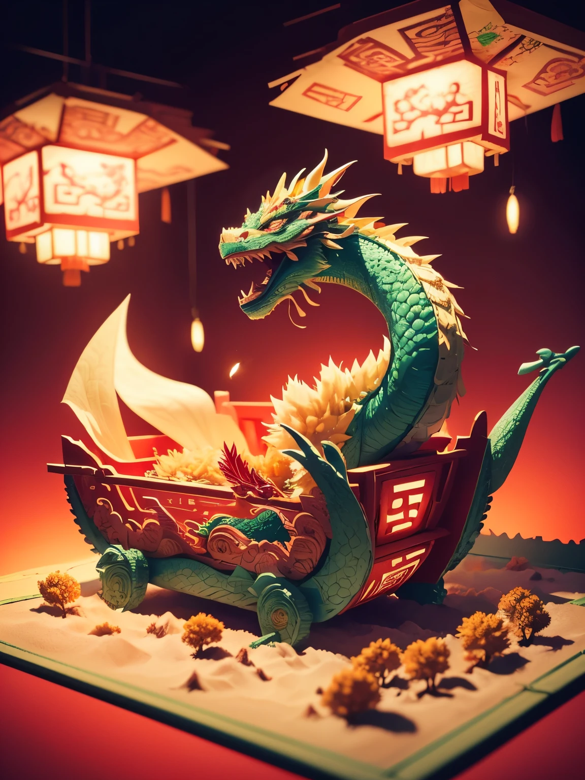 (Sandbox:1.4), cinematic angle, (1 cute child waving Chinese dragon shaped lantern, Chinese Spring Festival, festive, red background, clouds, flowers, fireworks, firecrackers, lanterns), (paper art, Quilted paper art, geomerty), (extremely colorful, Best quality, high detailed, Masterpiece, Cinematic Lighting, 4K, Chiaroscuro)