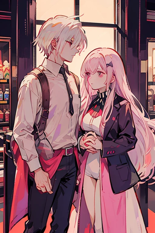 

A pink haired woman with violet eyes with an hourglass figure is shopping  with a white haired handsome man with red eyes in a mall in gothic clothing
