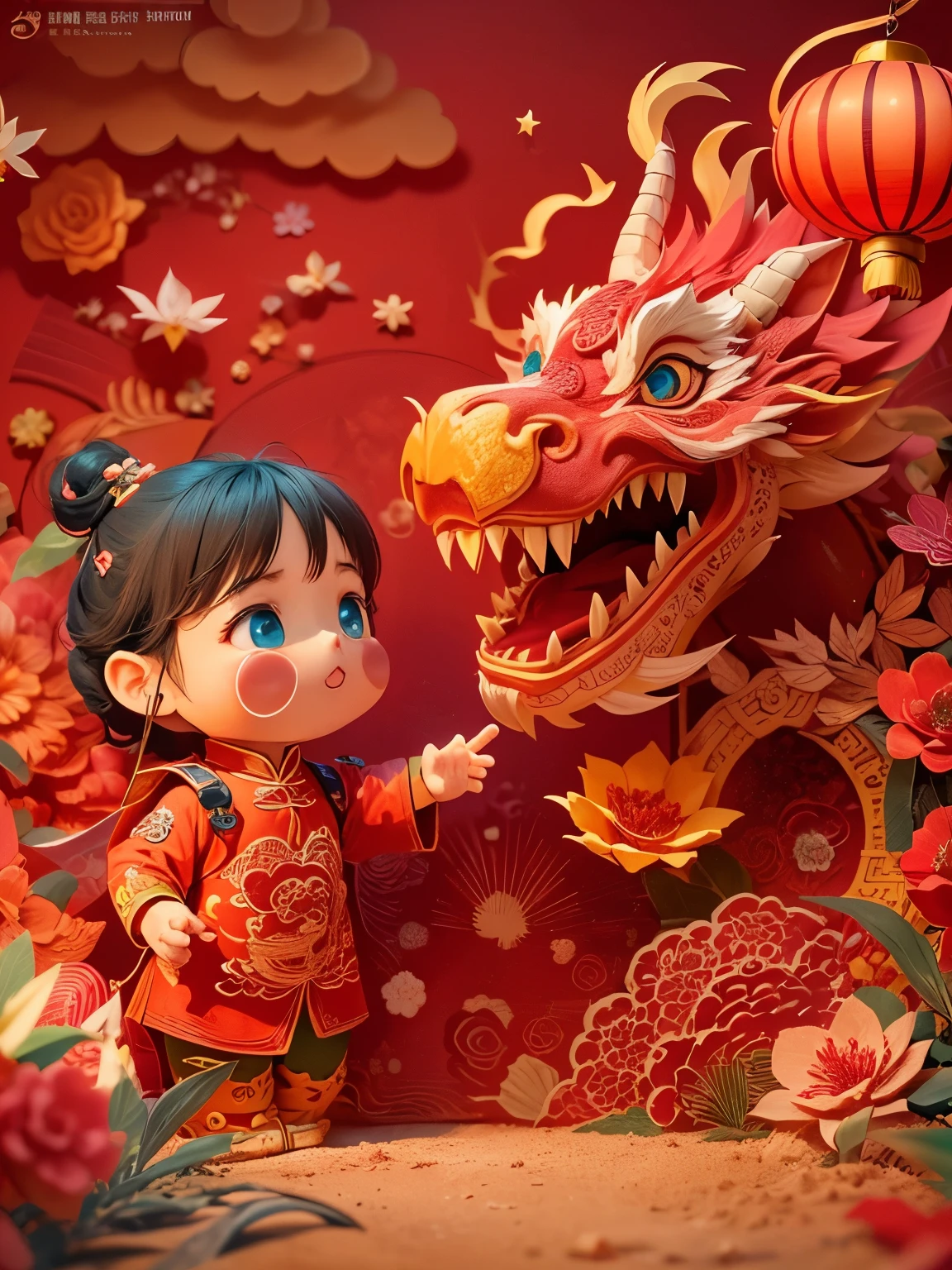 (Sandbox:1.4), cinematic angle, (1 cute  waving Chinese dragon shaped lantern, Chinese Spring Festival, festive, red background, clouds, flowers, fireworks, firecrackers, lanterns), (paper art, Quilted paper art, geomerty), (extremely colorful, Best quality, high detailed, Masterpiece, Cinematic Lighting, 4K, Chiaroscuro)