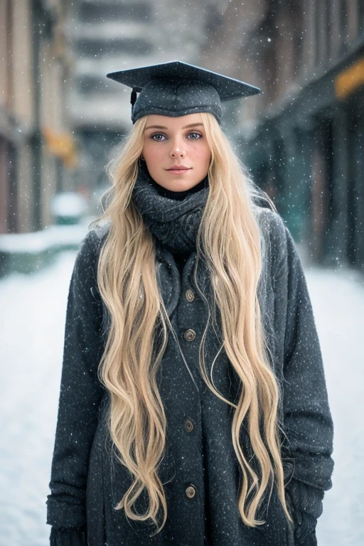 ProFessional portrait photograph oF a beautiFul Norwegian girl in winter clothes with long wavy blonde hair, Regard sensuel séduisant, (Freckles), beautiFul symmetrical Face, Maquillage naturel mignon, wearing élégant and warm winter clothes, ((standing outside on the snowy street oF the city)) , Superbe environnement urbain moderne, ultra réaliste, Art conceptuel, élégant, très détaillé, complexe, sharp Focus, depth oF Field, F/1. 8, 85mm, plan moyen, plan moyen, (((proFessionally graduated color))), soFt and bright diFFused light, (brouillard volumétrique), Tendances Instagram, hdr 4k, 8K,