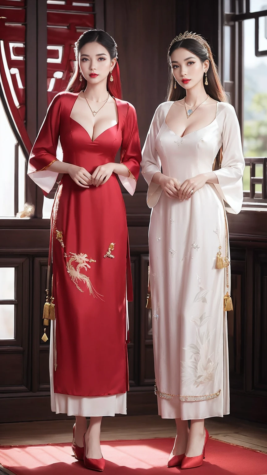 (8k, RAW photos, best quality, masterpiece: 1.2), (realistic, realistic: 1.37), 1 girl, Chinese woman posing in red dress and headdress, beautiful cosplay, beautiful costume, traditional Chinese wedding dress, elaborate dress, costume elaborate , traditional beauty, beautiful Chinese model, Chinese costume, wearing beautiful costumes, wearing an elegant Chinese Xiuhe dress, Chinese wedding dress, phoenix xia crown, antique bride, xiuhe dress , close-up, close-up , smile, dragon pattern and complicated phoenix,(NSFW:1.1),(Full Body:1.5),(cute face:1.3),(huge breasts:1.3),(high-heels:1.3),(big hips1.3),(medium thighs:1.3),(breasts slightly exposed:1.3),(cleavage of the breast:1.3),(lipgloss:1.3),(look straight into the camera:1.3),(long earrings:1.4),(long earrings:1.4),(very long earrings:1.4),(wearing three stacked diamond necklaces with large pendants:1.5)