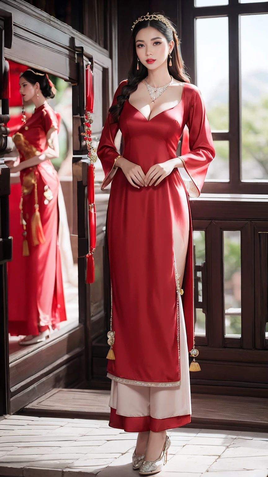 (8k, RAW photos, best quality, masterpiece: 1.2), (realistic, realistic: 1.37), 1 girl, Chinese woman posing in blue dress and headdress, beautiful cosplay, beautiful costume, traditional Chinese wedding dress, elaborate dress, costume elaborate , traditional beauty, beautiful Chinese model, Chinese costume, wearing beautiful costumes, wearing an elegant Chinese Xiuhe dress, Chinese wedding dress, phoenix xia crown, antique bride, xiuhe dress , smile, dragon pattern and complicated phoenix,(dress full Lace:1.3),(NSFW:1.1),(Full Body:1.5),(cute face:1.3),(huge breasts:1.3),(high-heels:1.3),(big hips1.3),(medium thighs:1.3),(breasts slightly exposed:1.3),(cleavage of the breast:1.3),(lipgloss:1.3),(look straight into the camera:1.3),(very long earrings:1.4),(wearing three stacked diamond necklaces with large pendants:1.3)