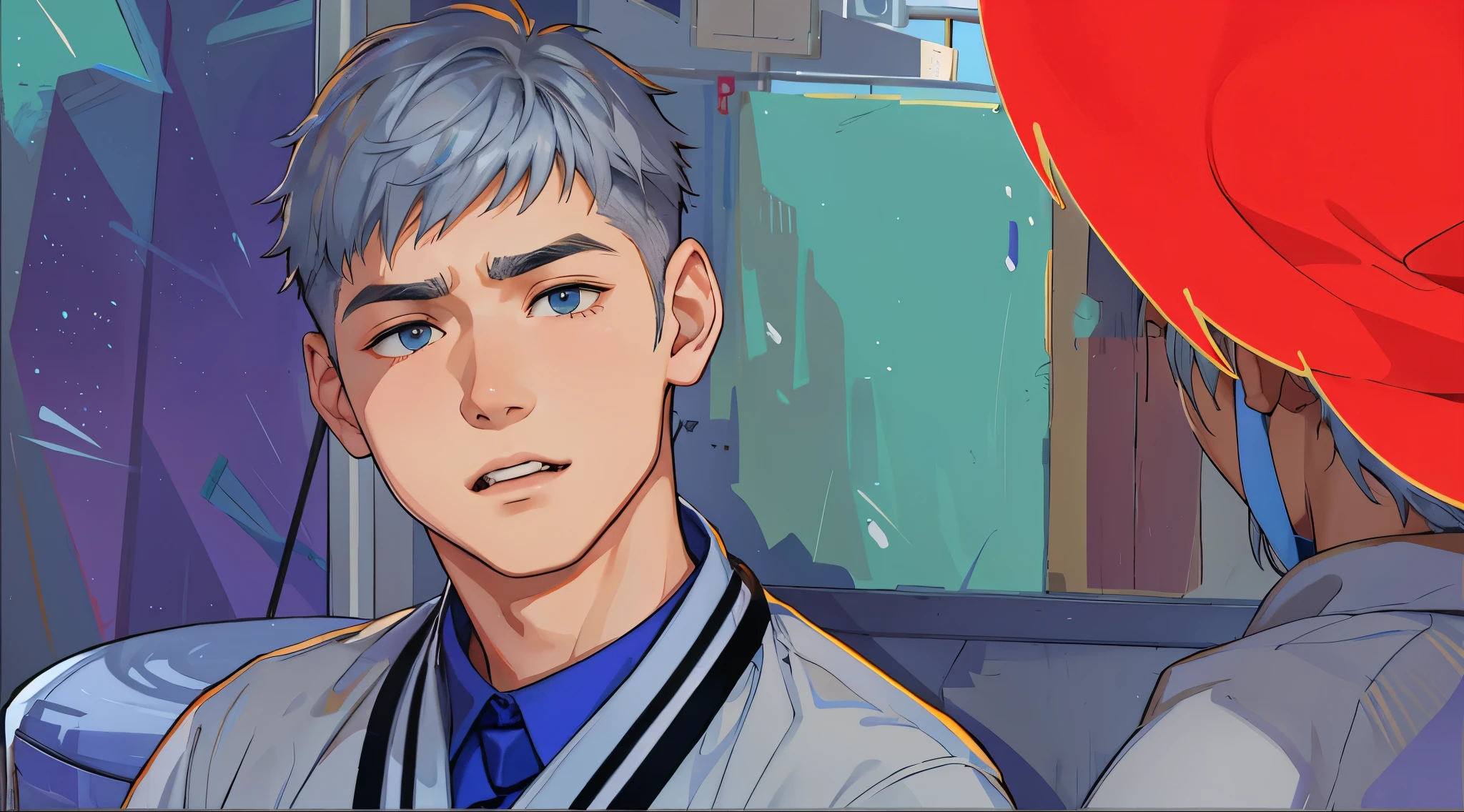 There is a young man who is shouting at someone, he is angry, handsome 16 year old, silver hair, talking to the director.,