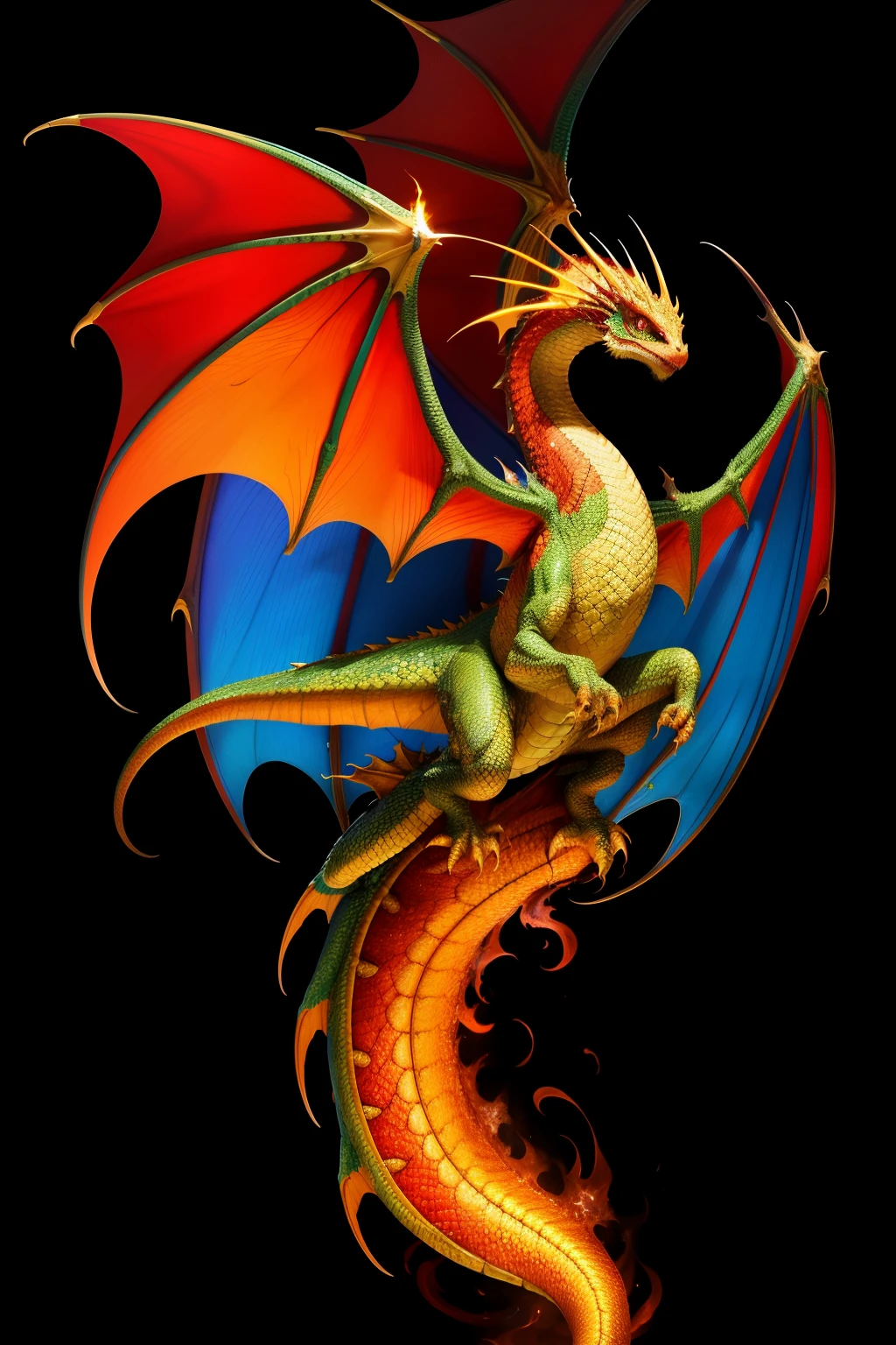 A magnificent dragon, intricately drawn in vibrant colors, with scales that shimmer and glisten under the light, detailed wings that appear to be ready for flight, and fierce, piercing eyes. The dragon's body is sinuously curved and multi-dimensional, giving it a sense of depth and dimensionality. Its breath is depicted as a burst of flames, engulfing the background in a fiery display. The dragon's pose is regal and proud, exuding power and majesty. This is a true masterpiece of art, captured in top quality and official art form.