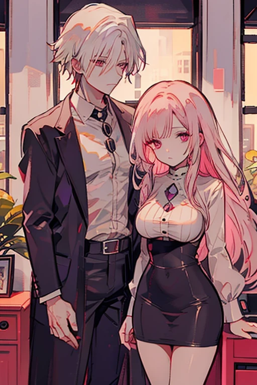 A pink haired woman with violet eyes with an hourglass figure is working with a white haired handsome man with red eyes in an office in gothic clothing
