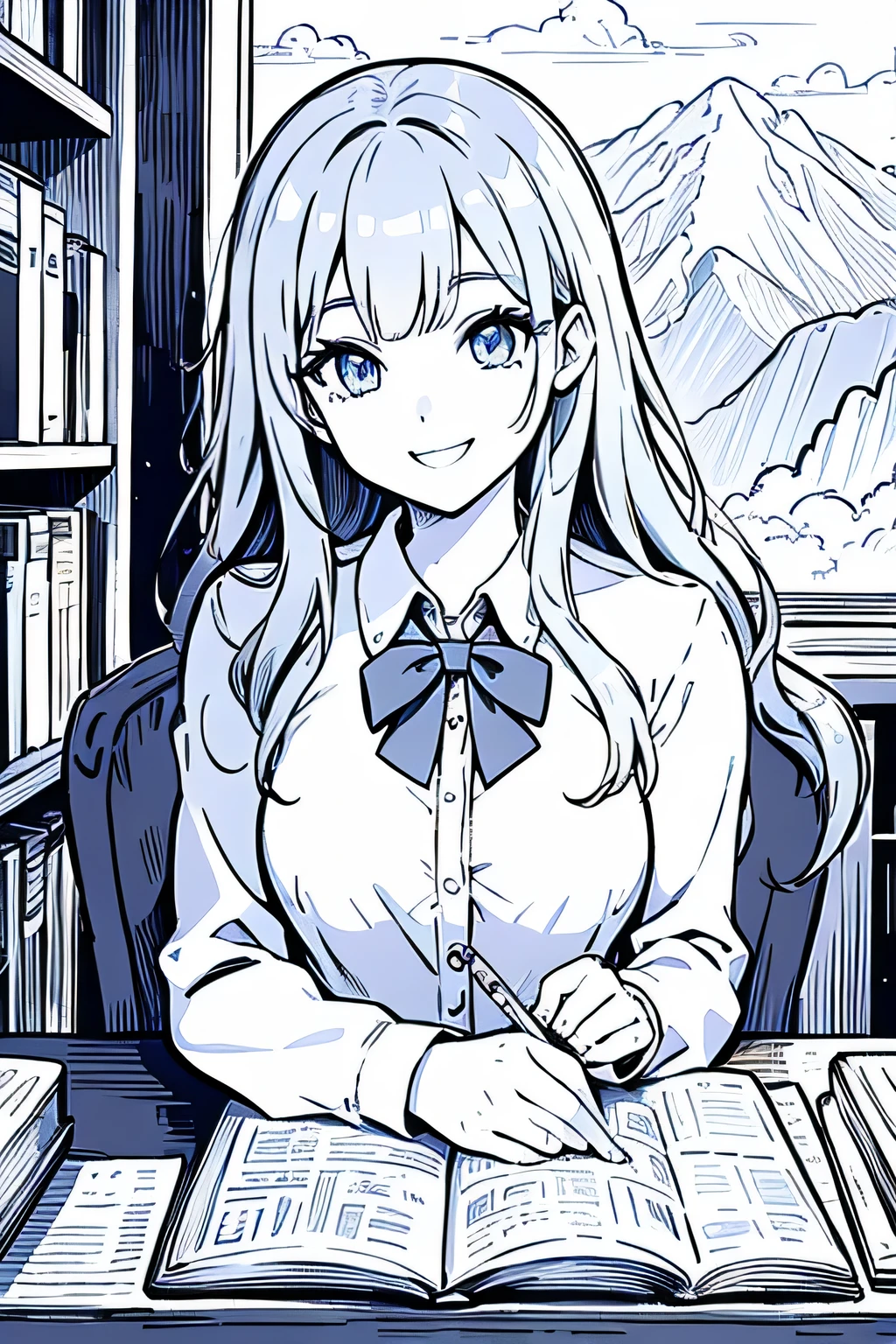 Coloring pages for adults, pretty girl, smile, Bust shot close-up, Studying in the library, In the style of anime, thin line, low detail, snow mountain background, black and white, with out shading, --If 9:16