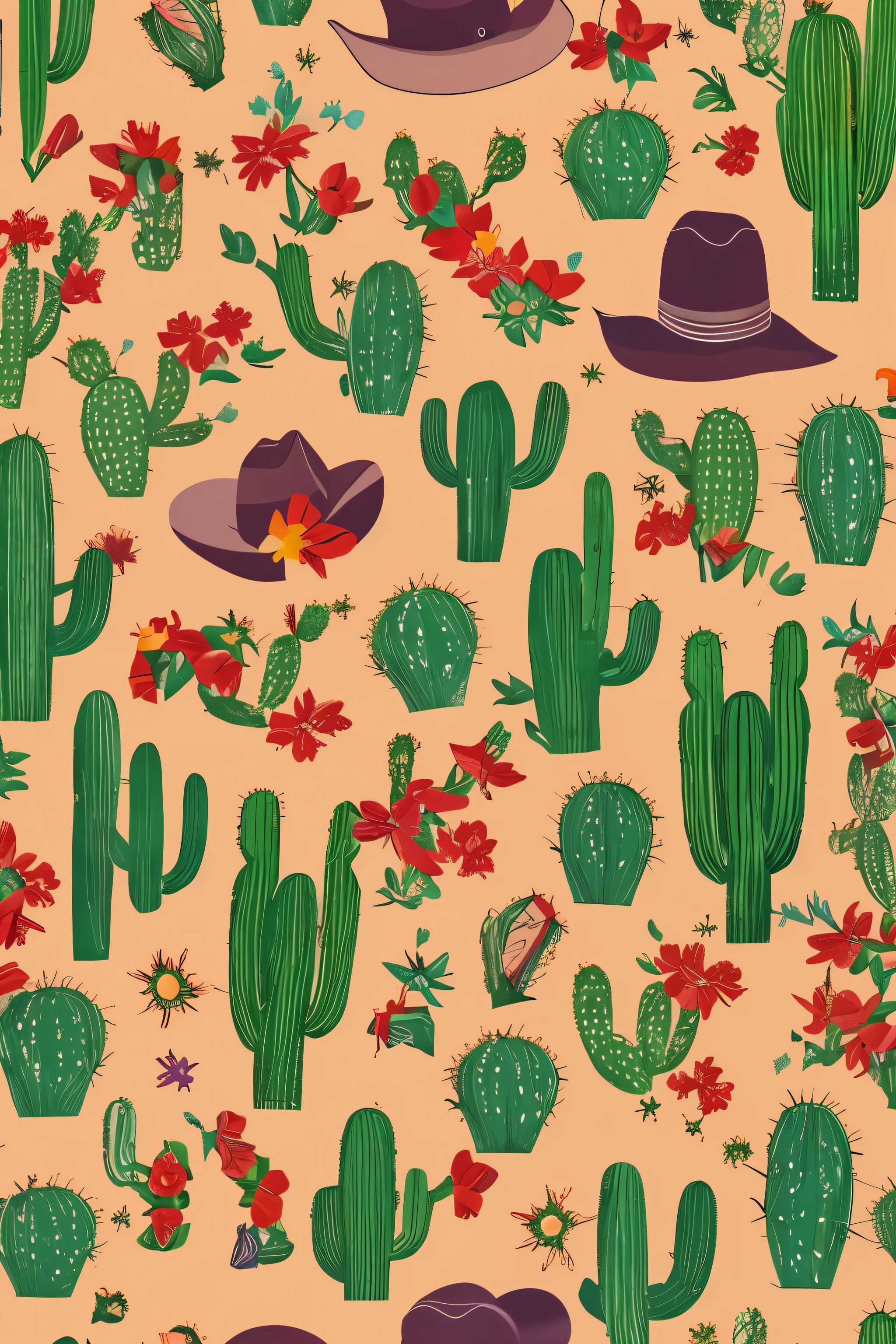 create a western pattern, com cavalos, cacto, vaqueira, western hats, etc.