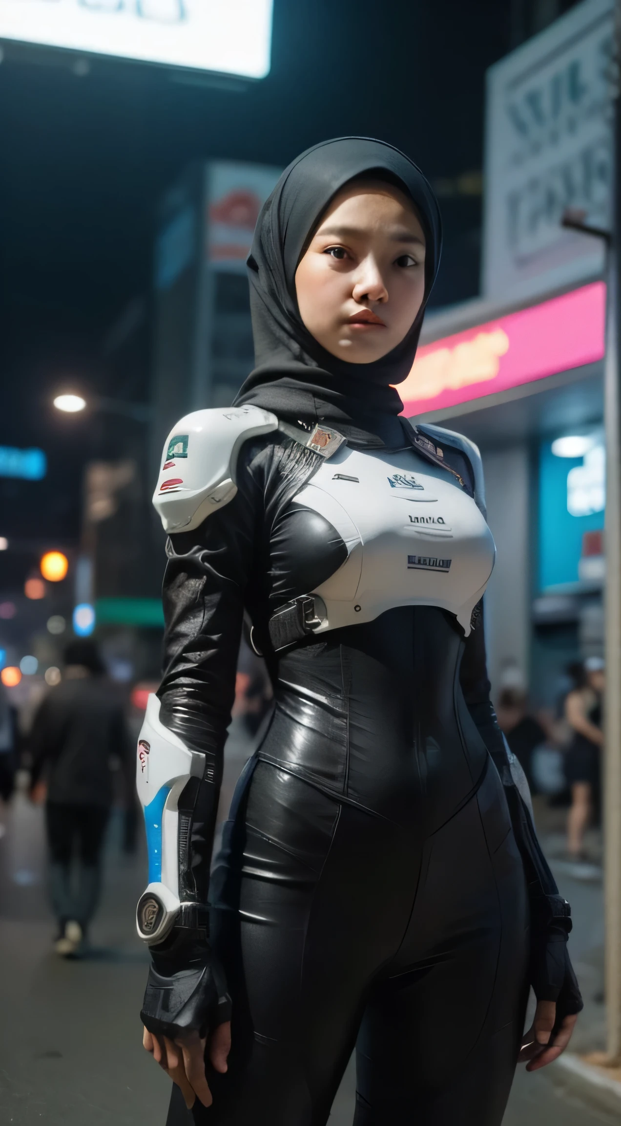 a malay teenage girl in hijab and mecha suit standing in action in front of bustling kuala lumpur malaysia city streets, serious face, looking at viewer, nighttime, 35mm lens, Extreme close-up, pastel color grading, depth of field cinematography effect, film noir genre, 8k resolution, high quality, ultra detail