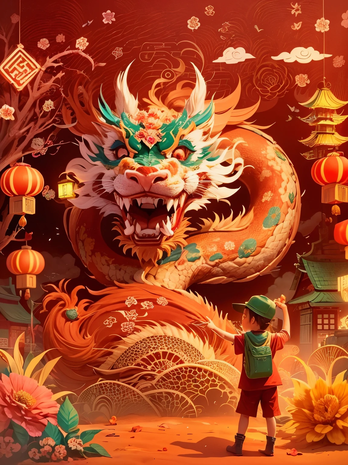 (Sandbox:1.4), cinematic angle, (1 cute  waving Chinese dragon shaped lantern, Chinese Spring Festival, festive, red background, clouds, flowers, fireworks, firecrackers, lanterns), (paper art, Quilted paper art, geomerty), (extremely colorful, Best quality, high detailed, Masterpiece, Cinematic Lighting, 4K, Chiaroscuro)