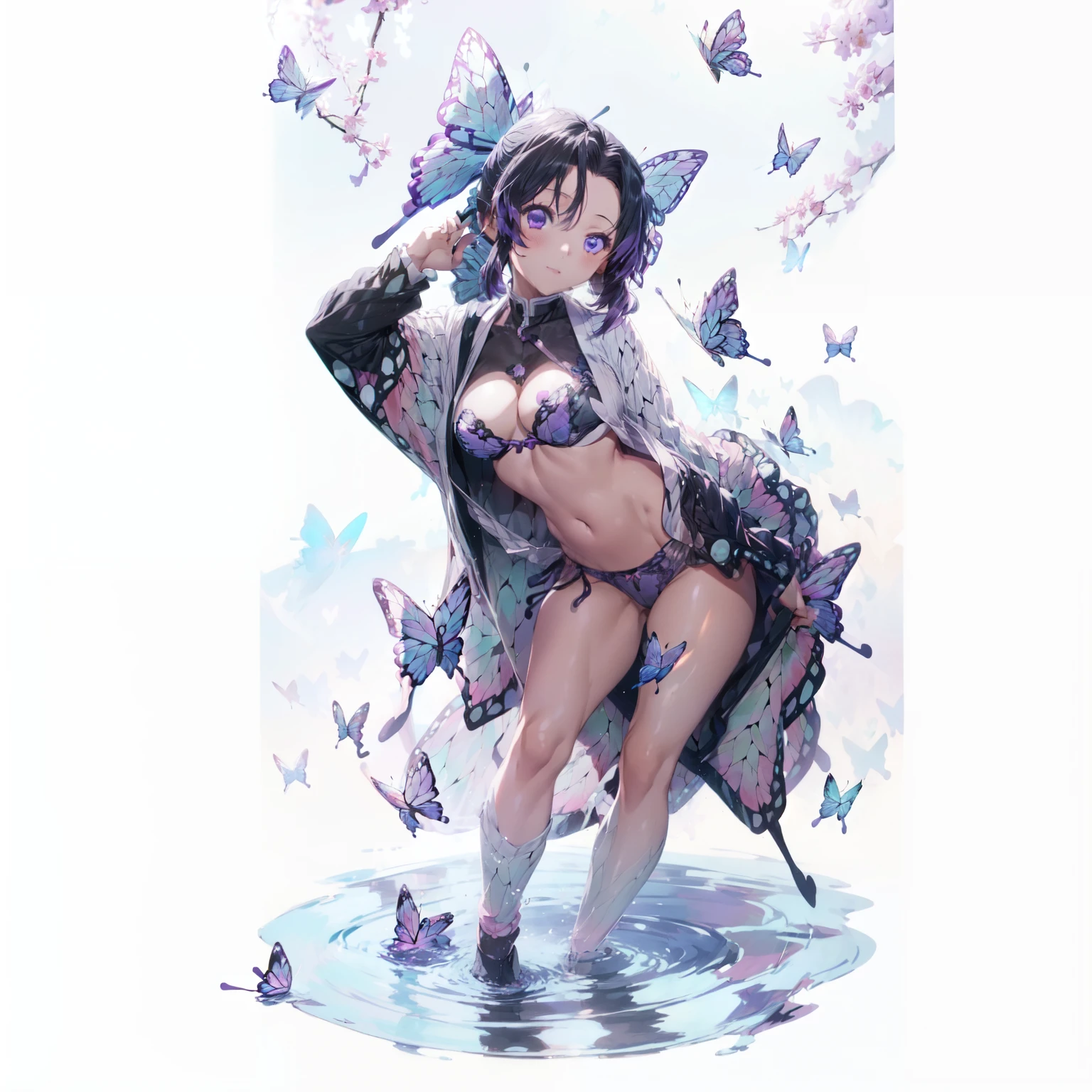 ((Kochou Shinobu)), ((High Resolution, High Qualities, Beautiful Lights And Shadows, Ambient Light, Volumetric Light, Beautiful Detail Eye)), ((Masterpiece:1.5)), (Erotic Suggestiveness:1.0), (Seductive Expression:1.3), (Chest Wide Open And Exposed), NSFW, Butterfly Hair Ornament, Purple Eyes, Multicolored Hair, Short Hair, Larger Breast, (Cleaveage:1.3), ide Slit Miniskirt:1.5), Lift Skirt, (Butterfly panties: 1.5), Micro Panties, Five Fingers, Black Panties (Slit Panties:1.0), Pantyhose, Shining Sky, Wet Ground, Japanese Architectures