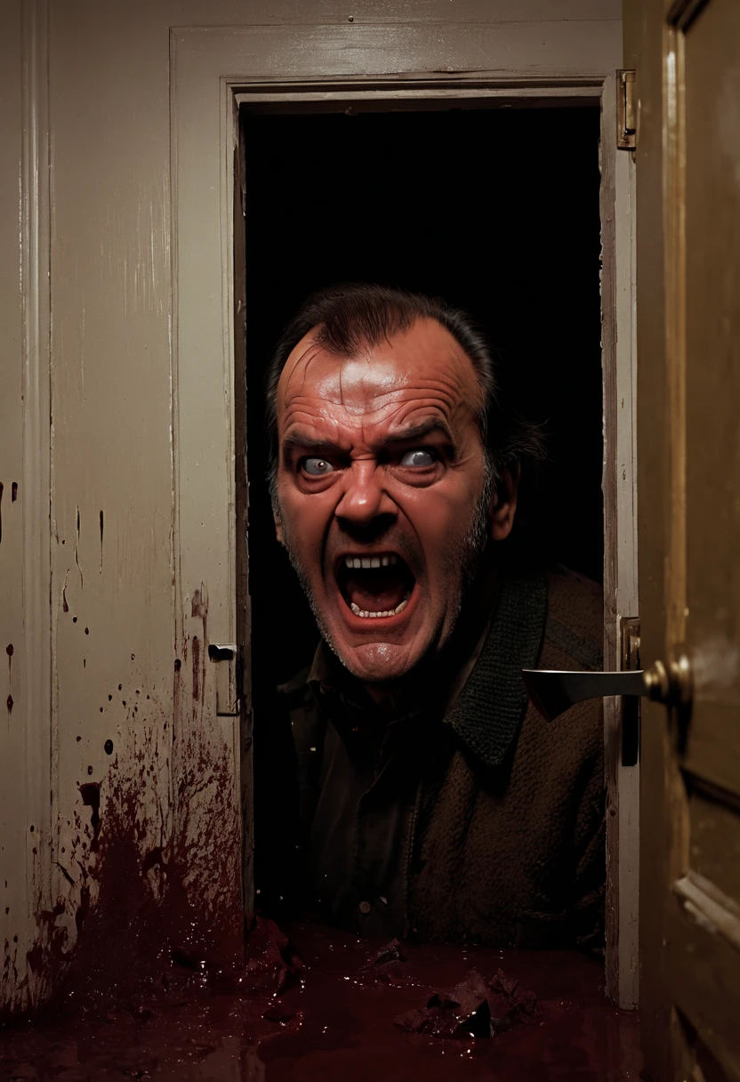 A scene from the movie "The Shining" with Jack Nicholson's angry face in a hole broken in a door with an axe. The gloomy surroundings of the Overlook Hotel . Blood and mold leaks. Dramatic lighting. Shadows intensifying the atmosphere of horror. Hyperdetailing. rendered in 32K ultra resolution