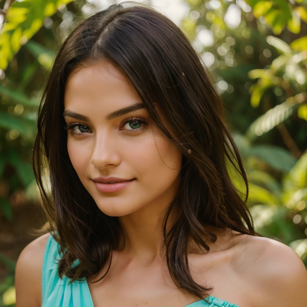 Young woman, 24 years old, long dark brown wavy hair cascading down her shoulders, perfect skin with a radiant glow, angelic face featuring full lips and a perfectly shaped nose, fair complexion, captivating turquoise eyes, High resolution, Masterpiece, Best quality, Intricate details, highly detailed, sharp focus, detailed skin texture, realistic, professionally captured, 4K, alluring smile, filmed with Canon, 85 mm, shallow depth of field, Kodak Vision-Farbe, perfectly fitted green dress, Extremely detailed, photorealistic, Realistic post-processing, Maximum details, Roughness, Echoes of