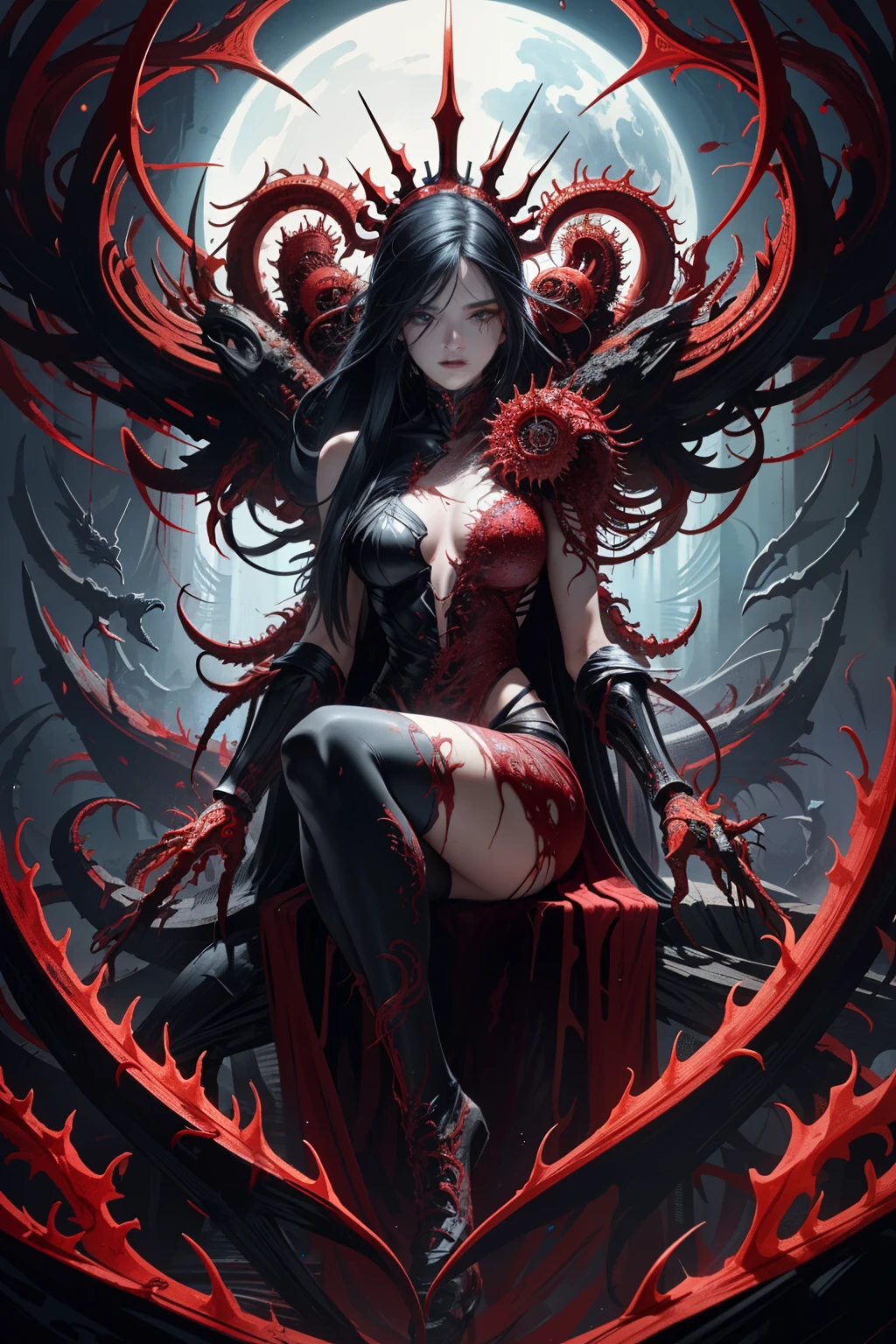 masterpiece, best quality, gruesome yet captivating: 1.2, bloodied carnage symbiote with tentacles, extreme detailed, chaotic yet harmonious, vivid colors of red and black, official art, stunning contrast between life and destruction, intricately entwined tentacles writhing in motion, highest detailed, symbiotic relationship between the monster and the carnage it creates, ultra detailed, beautiful and aesthetic, beautiful yet terrifying, intricate veins of life running through the chaos, best quality, (organic, biomechanical fusion, horror), splash of glittering symbiote goo, bloody trails, intense, gruesome beauty, photorealistic rendering