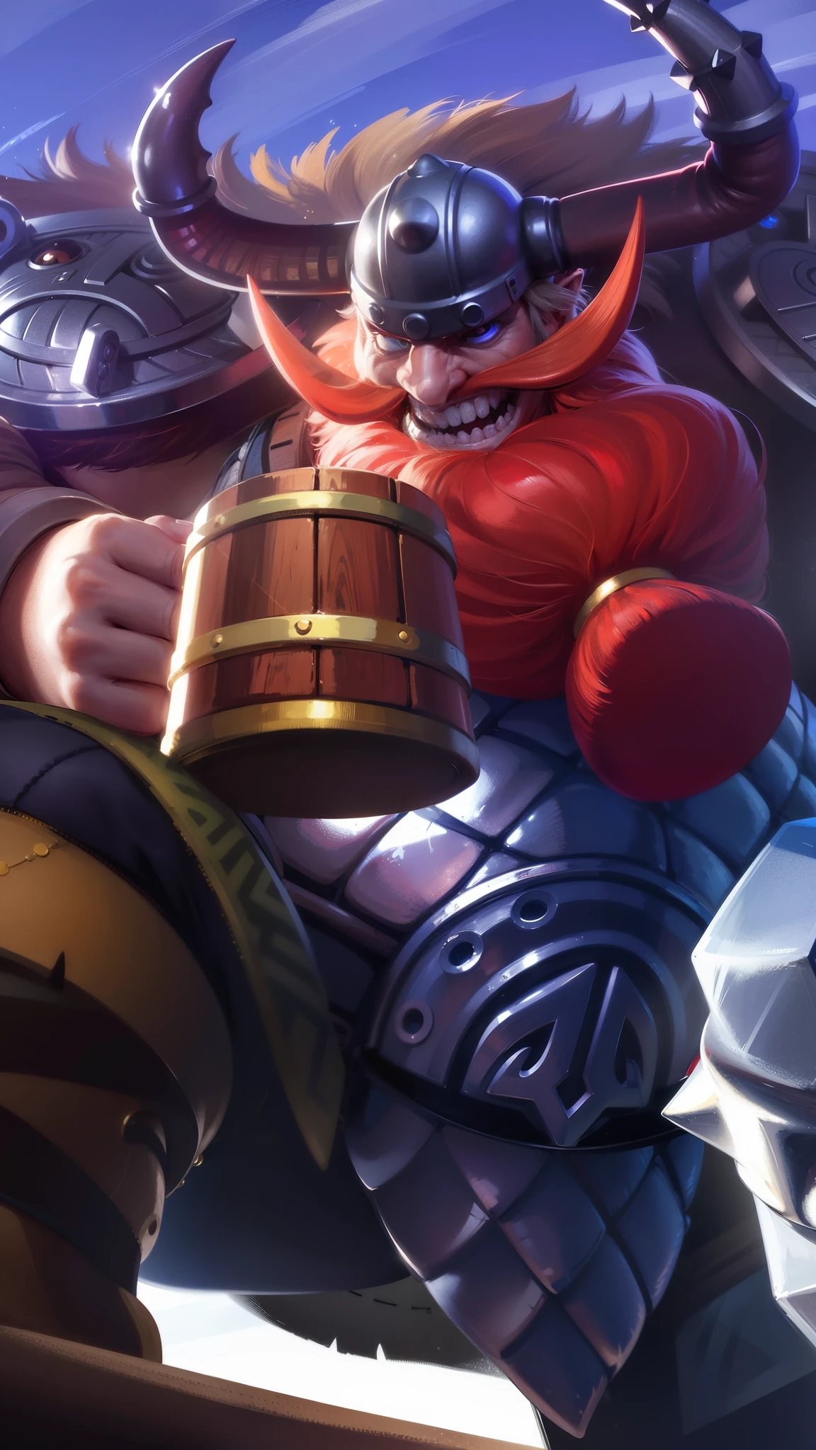 masculine male, masterpiece, ((perfect eyes)) best quality, (semirealism:1.9), beautiful lighting, (extremely detailed CG unity 4k fhd wallpaper), High Detail, Sharp focus, dramatic outdoors,40 years old, brown short hair, blue eyes, smile, Boy with two big horns, big earrings on ears, elf ear, red eyes, Thick eyebrows, evil smile, grinning,red body, red face, Burning skin, yellow diamonds glistening on chest, burning red skin,golden robe behind, big white belt , 8k , realistic, scary.