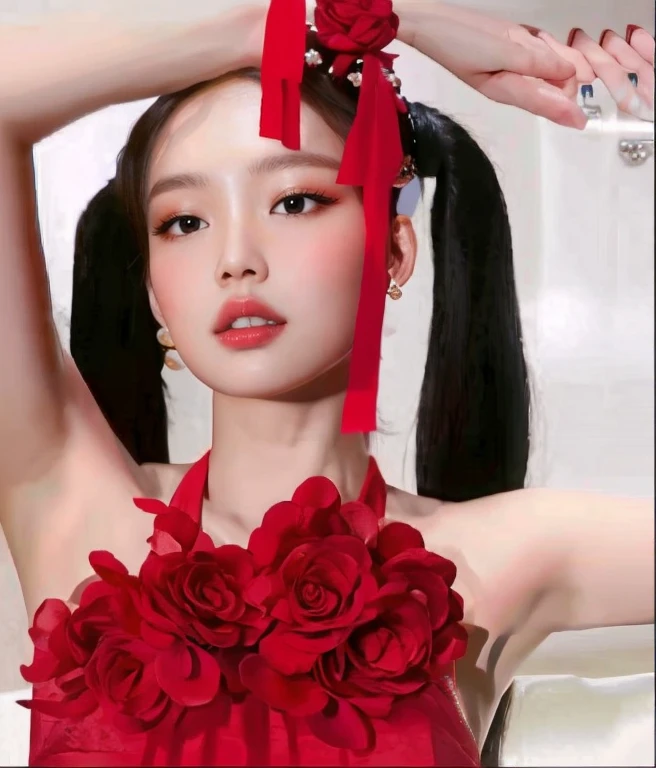 Un primer plano de una mujer con un vestido rojo y un lazo rojo, sha xi, luji, jennie rosa negro, shen mingchen, gongbi, lulú chen, jia, jingna zhang, wenfei ye, ruan jia hermosa!, eso, lei min, aparcar desde-min, TaeJune Kim, Kim Jung sostiene, xuehan
