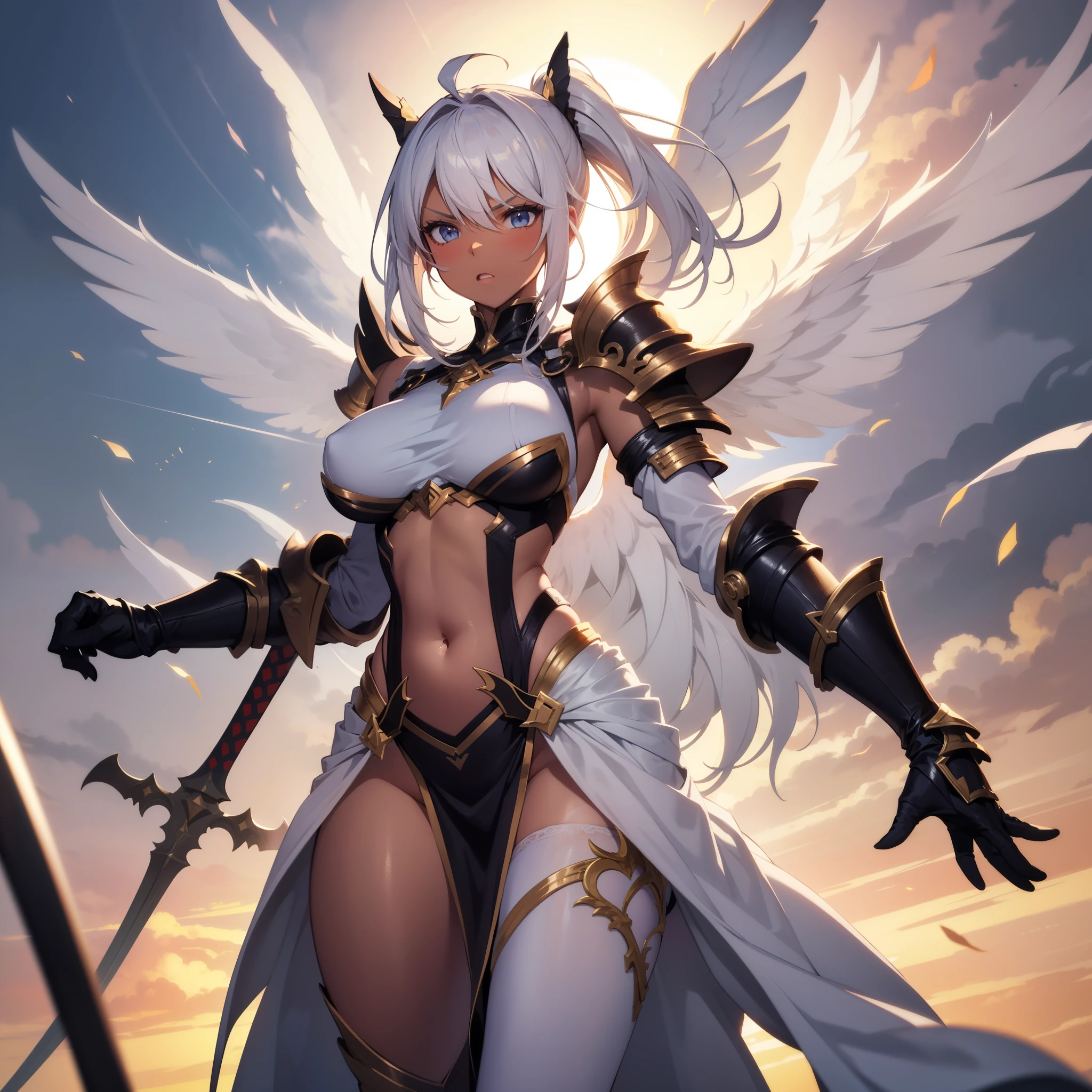 fantasy, 1angel_girl, teen, brown_ponytail_hair, (dark_skin:1.1), bare_shoulder, navel, thigh,silver_shiny_armor, white_clothes,waist_armor, glebe, hold_swords, big_tits, angry, dynamic_fighting_pose, floating, (1pair_white_wings:1.2), sunrise_city_background,(pelvic_curtain:1.3), headgear, large_ass,apart_legs,solo