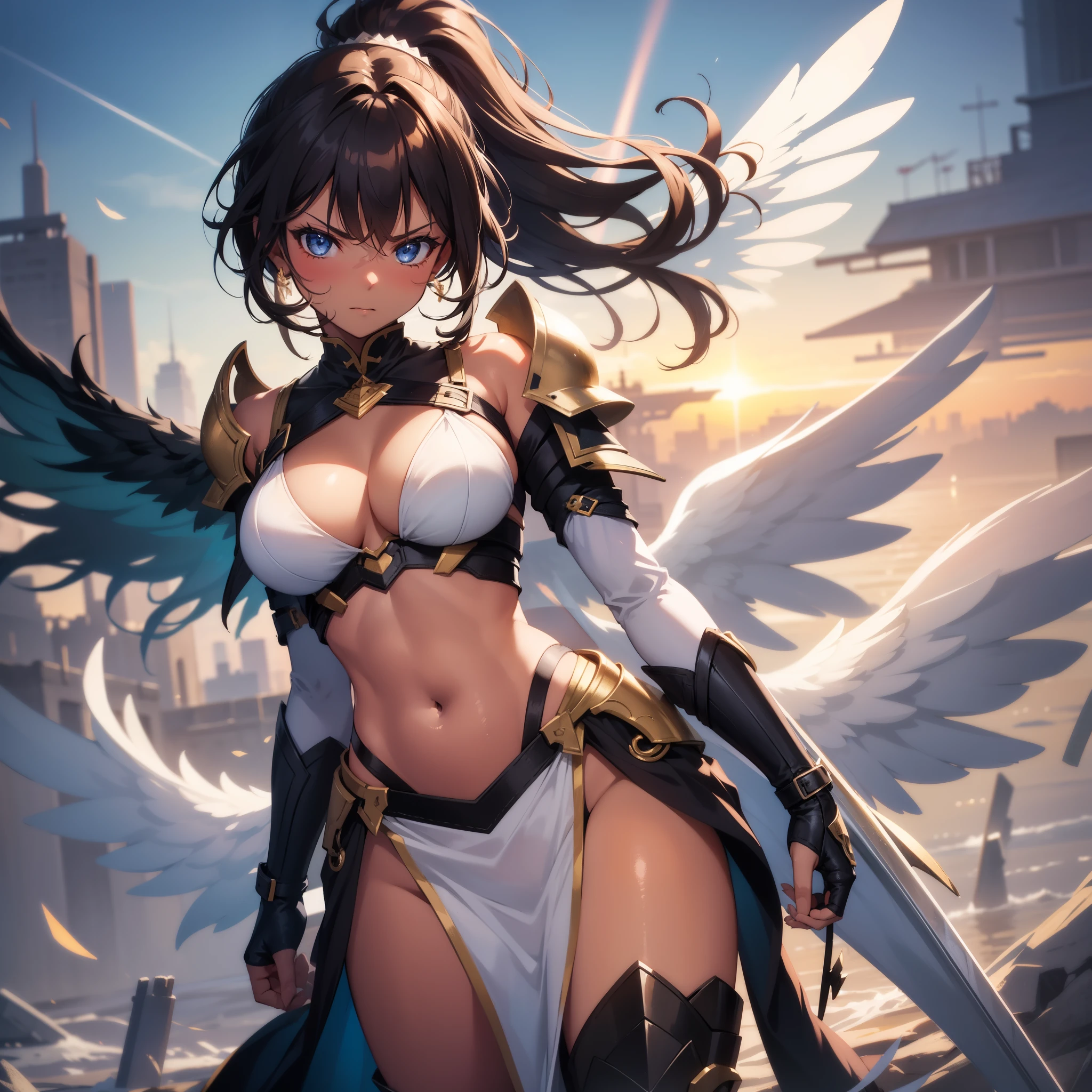 fantasy, 1angel_girl, brown_ponytail_hair, (dark_skin:1.1), bare_shoulder, navel, thigh,silver_shiny_armor, white_clothes,waist_armor, glebe, hold_swords, big_tits, angry, dynamic_fighting_pose, floating, (1pair_white_wings:1.2), sunrise_city_background,(pelvic_curtain:1.3), headgear, large_ass,apart_legs,solo