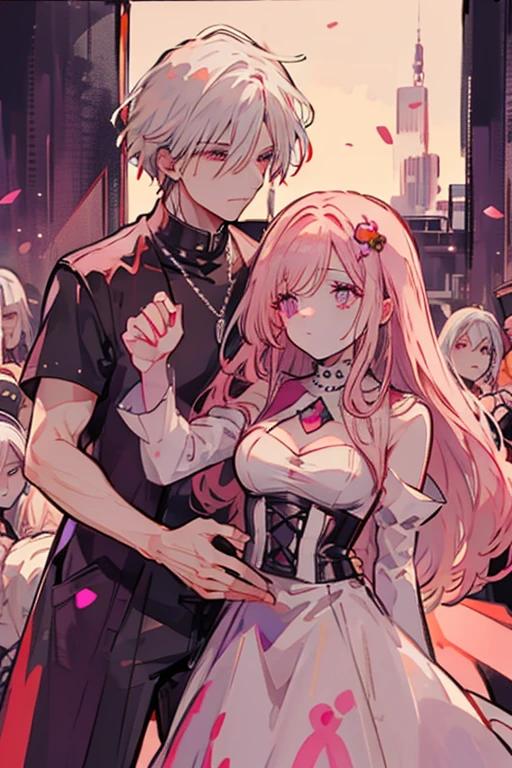 A pink haired woman with violet eyes with an hourglass figure is performing with a white haired handsome man with red eyes on at a concert  in Gothic clothing