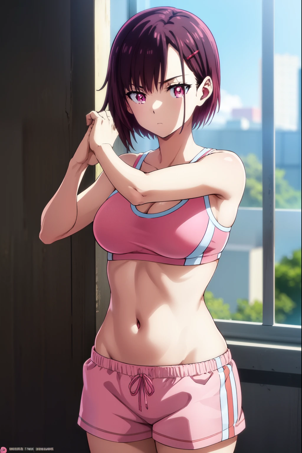 shizukamikazuki, shizuka mikazuki, short hair, purple hair, hair ornament, hairclip, (pink eyes:1.5), swept bangs,
BREAK navel, sports bra, sportswear, shorts, pink shorts,
BREAK looking at viewer,
BREAK outdoors,
BREAK (masterpiece:1.2), best quality, high resolution, unity 8k wallpaper, (illustration:0.8), (beautiful detailed eyes:1.6), extremely detailed face, perfect lighting, extremely detailed CG, (perfect hands, perfect anatomy),