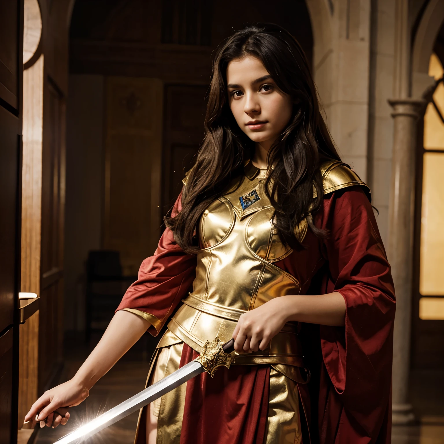 Young princess holding sword, wearing golden armor with red robe,