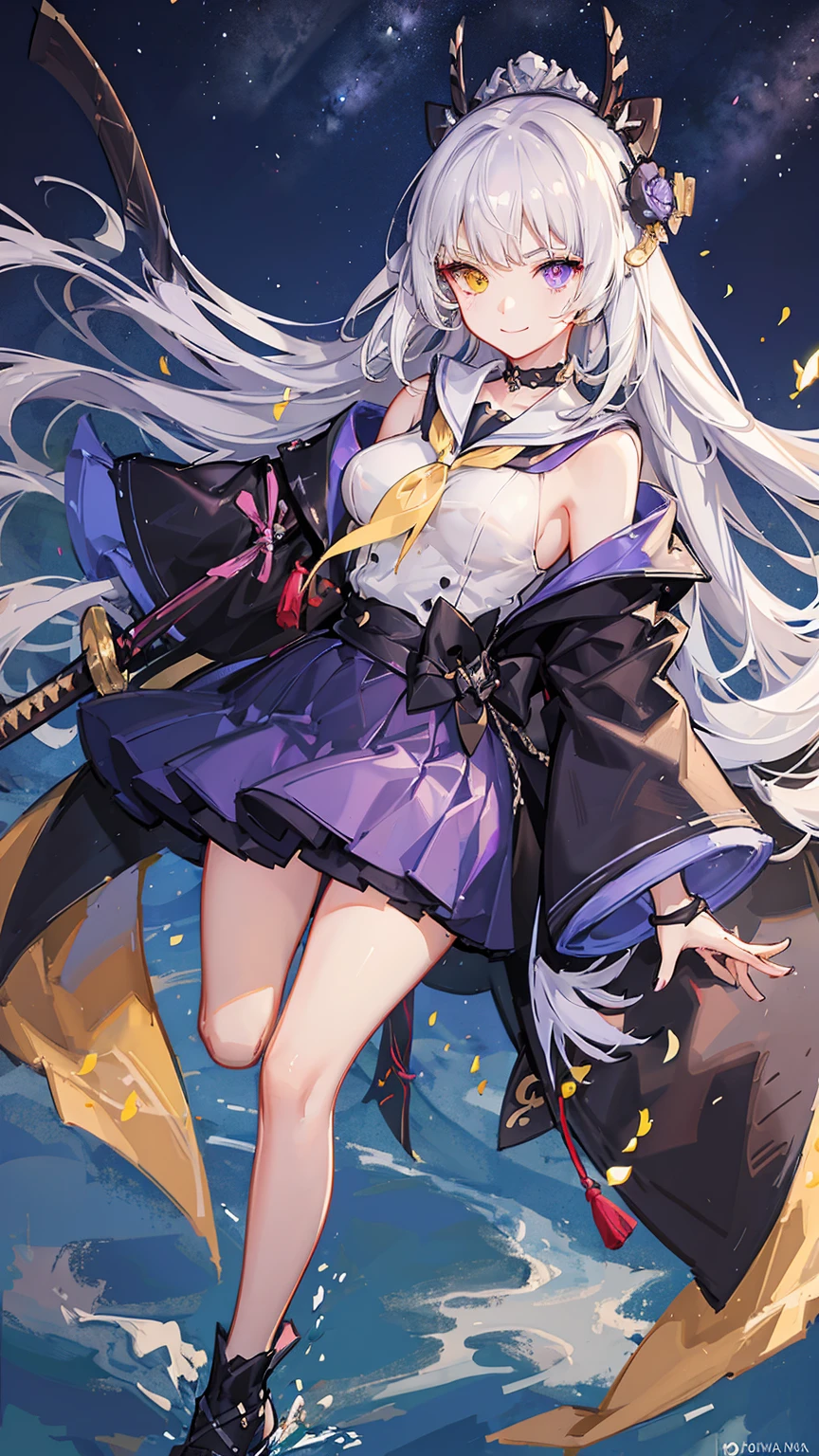 1girl,wearing katana sword,silent smile,nail polish,beautiful illustration ,(heterochromia,purple eye,yellow eye),(big breasts),beautiful face,deep blue long hair,sailor suit,black mini skirt,in the night,moolight,best quality, high quality, masterpiece, HD,4K,8K 