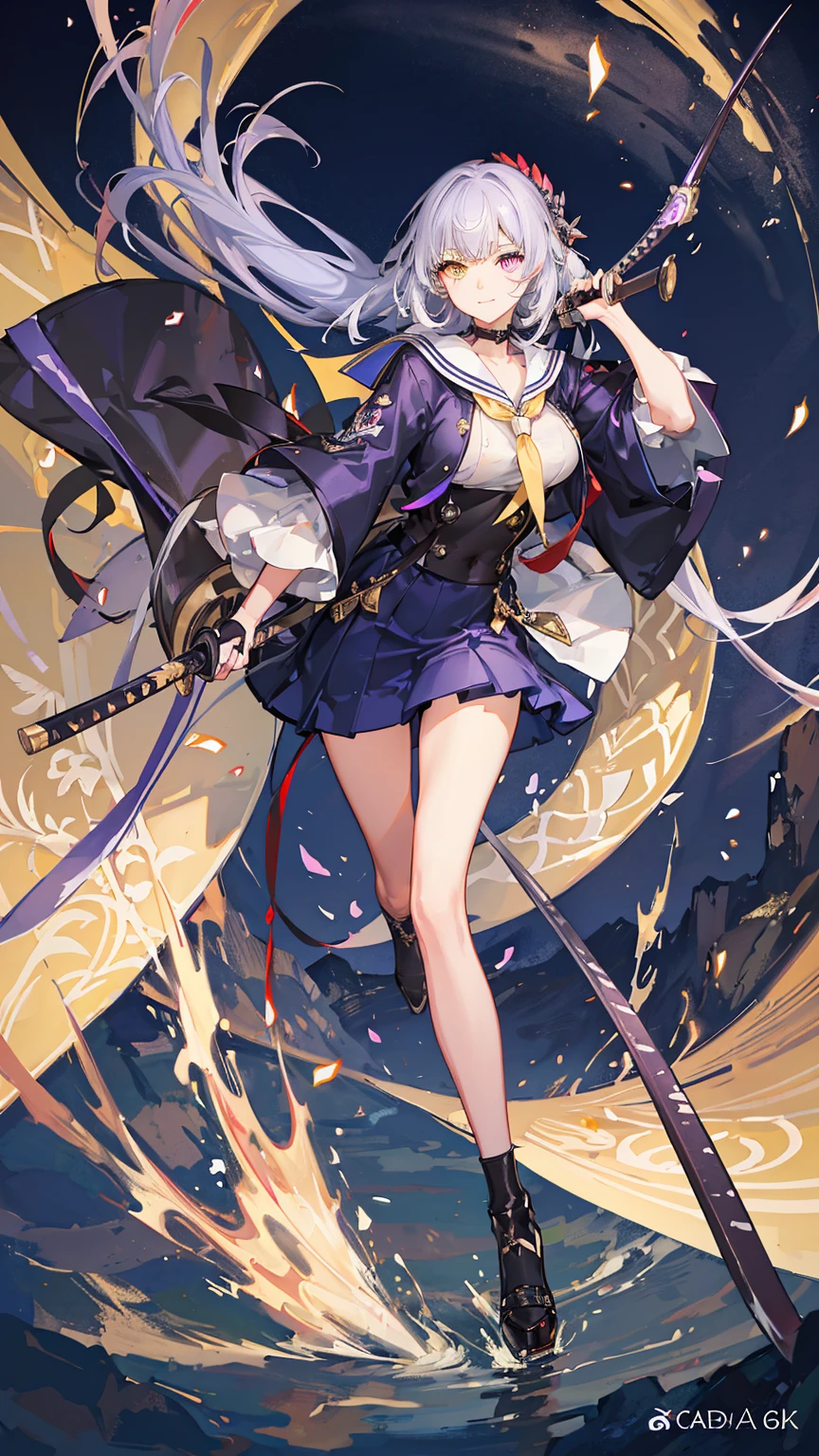 1girl,wearing katana sword,silent smile,nail polish,beautiful illustration ,(heterochromia,purple eye,yellow eye),(big breasts),beautiful face,deep blue long hair,sailor suit,black mini skirt,in the night,moolight,best quality, high quality, masterpiece, HD,4K,8K 