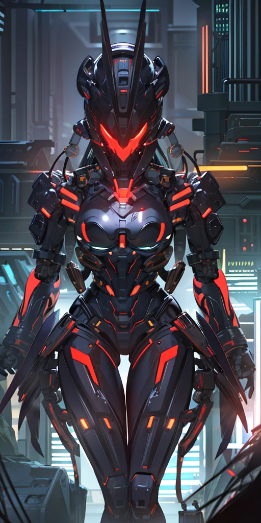 Female, Dark_fantasy,Cyberpunk,(mechs,Black and red:1.1),1人,Mechanical Wonder,Robotic presence,cybernetic guardians,Masterpiece,full bodyesbian,finely detailled,At night, masked shiny metal, shadowy,8k, big breasts