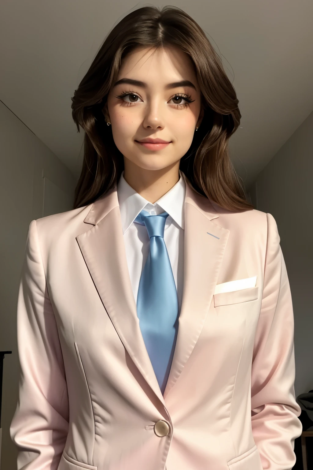 25years old beautiful-looking girl little smile, wearing a light pink suit jacket, blue tie, and white shirt. ,(( one standing Celeste Verona looking at camera)), simple one colour background