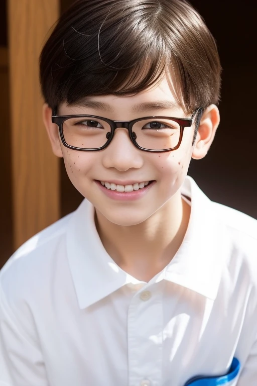 1 boy、13 years old、Japan Boys、shaved head、white cutter shirt、sharp silver glasses、many pimples on the forehead、freckles、Throat Buddha、smile、Dimples、white cutter shirt、white background