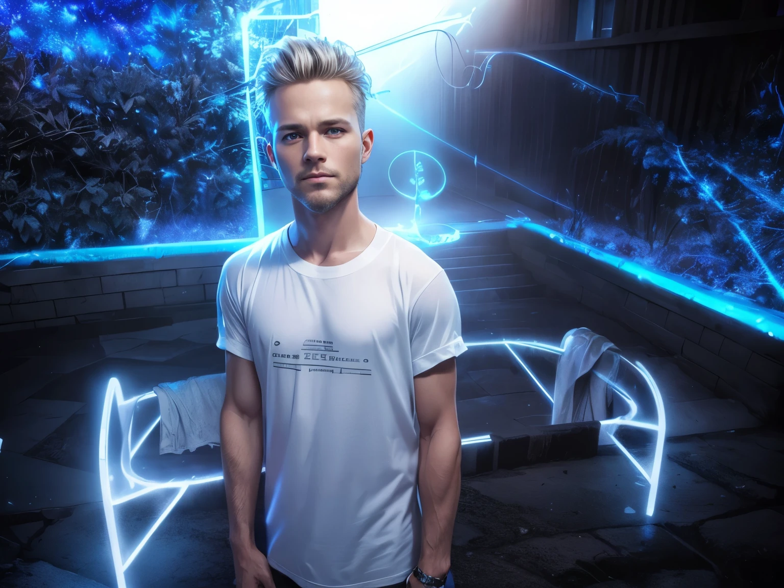 Portrait of 1 male, young adult, handsome, blond hair, blue eyes, finely detailed eyes and detailed face, intricate details, (style-swirlmagic:1.2), looking at viewer, dynamic pose, detailed background, warrior mage, blue aura, casting a spell, tangle, zentangle, entangle, white trench coat, silver amulet, dark shirt, worn jeans, silver detailing, sparkling blue mist, floating pieces of dirt, blue energy emanating, cowboy shot, urban area, night, particle effects, raytracing, bokeh, depth of field