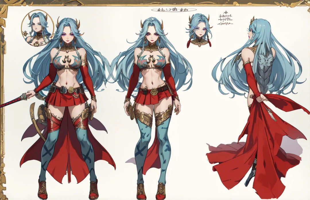 The concept character sheet of a strong, attractive, and hot woman full body, detailed wearing Harley Quinn cosplay, Viking warrior style, combat position, viking age. Her face is oval, forehead is smooth and visibly rounded at the temples. jawline is softly defined, giving her a gentle and feminine appearance, full body, Full of details, frontal body view, back body view, Highly detailed, Depth, Many parts, ((Masterpiece, Highest quality)), 8k, Detailed face, scars, serious expression. Infographic drawing. Multiple sexy poses. tattoos,3d, choker,
