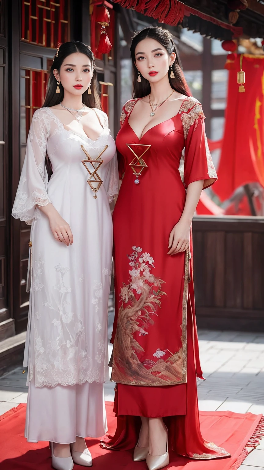 (8k, RAW photos, best quality, masterpiece: 1.2), (realistic, realistic: 1.37), 1 girl, Chinese woman posing in red dress and headdress, beautiful cosplay, beautiful costume, traditional Chinese wedding dress, elaborate dress, costume elaborate , traditional beauty, beautiful Chinese model, Chinese costume, wearing beautiful costumes, wearing an elegant Chinese Xiuhe dress, Chinese wedding dress, phoenix xia crown, antique bride, xiuhe dress , close-up, close-up , smile, dragon pattern and complicated phoenix,(dress full Lace:1.3),(NSFW:1.1),(Full Body:1.5),(cute face:1.3),(huge breasts:1.3),(high-heels:1.3),(big hips1.3),(medium thighs:1.3),(breasts slightly exposed:1.3),(cleavage of the breast:1.3),(lipgloss:1.3),(look straight into the camera:1.3),(long earrings:1.4),(long earrings:1.4),(very long earrings:1.4),(wearing three stacked diamond necklaces with large pendants:1.5)