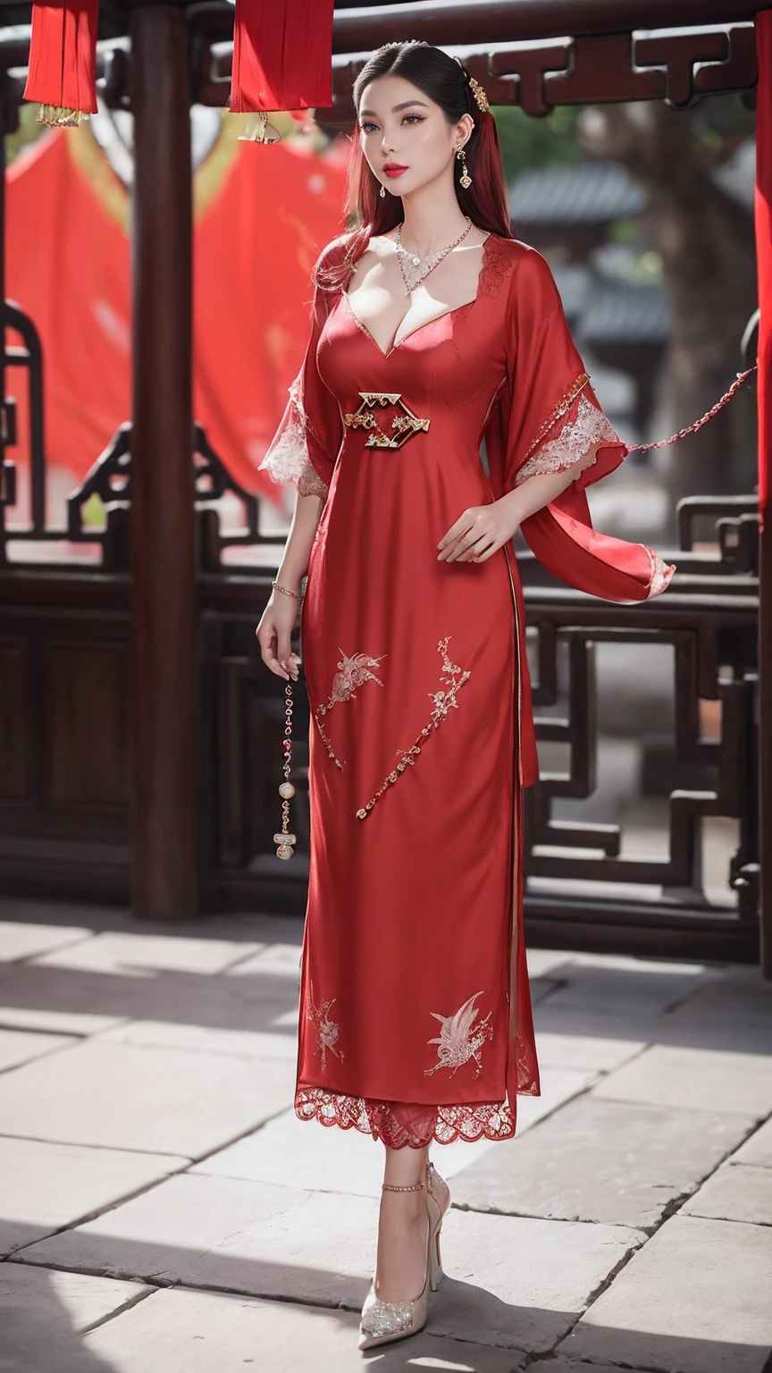 (8k, RAW photos, best quality, masterpiece: 1.2), (realistic, realistic: 1.37), 1 girl, Chinese woman posing in red dress and headdress, beautiful cosplay, beautiful costume, traditional Chinese wedding dress, elaborate dress, costume elaborate , traditional beauty, beautiful Chinese model, Chinese costume, wearing beautiful costumes, wearing an elegant Chinese Xiuhe dress, Chinese wedding dress, phoenix xia crown, antique bride, xiuhe dress , close-up, close-up , smile, dragon pattern and complicated phoenix,(dress full Lace:1.3),(NSFW:1.1),(Full Body:1.5),(cute face:1.3),(huge breasts:1.3),(high-heels:1.3),(big hips1.3),(medium thighs:1.3),(breasts slightly exposed:1.3),(cleavage of the breast:1.3),(lipgloss:1.3),(look straight into the camera:1.3),(long earrings:1.4),(long earrings:1.4),(very long earrings:1.4),(wearing three stacked diamond necklaces with large pendants:1.5)