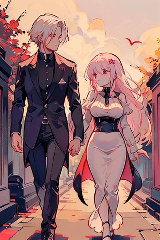 A pink haired woman with violet eyes with an hourglass figure is walking with a white haired handsome man with red eyes in a cemetery in Gothic clothing