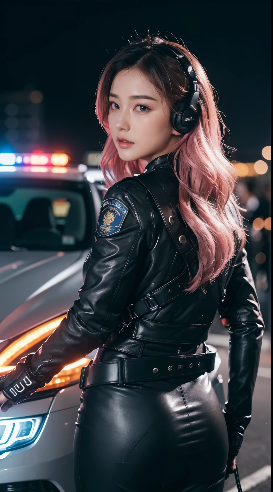 Top Quality, Ultra High Definition, (backlight), (Photorealistic: 1.4), (front shot:1), 1 Beautiful Girl, (Kpop Idol), Detailed Face, (Hair Style: Pink:1, fullbang, wavy-hairstyle:1), Contrapposto, plump and musclar:1.2, Perfect Anatomy, wavy hair, Professional Lighting, ((wearing Futuristic Police Racing Suits, police wappen, High-tech Headset, military harness, racing gloves, handgun)), outside honey wavy hairstyle, ("POLICE", Cloths colors based on silver pink black white), (background, crashed cars, fire, (Explosion)),