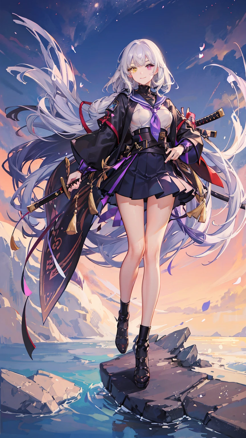 1girl,wearing katana sword,silent smile,nail polish,beautiful illustration ,(heterochromia,purple eye,yellow eye),(big breasts),beautiful face,deep blue long hair,sailor suit,black mini skirt,in the night,moolight,best quality, high quality, masterpiece, HD,4K,8K 