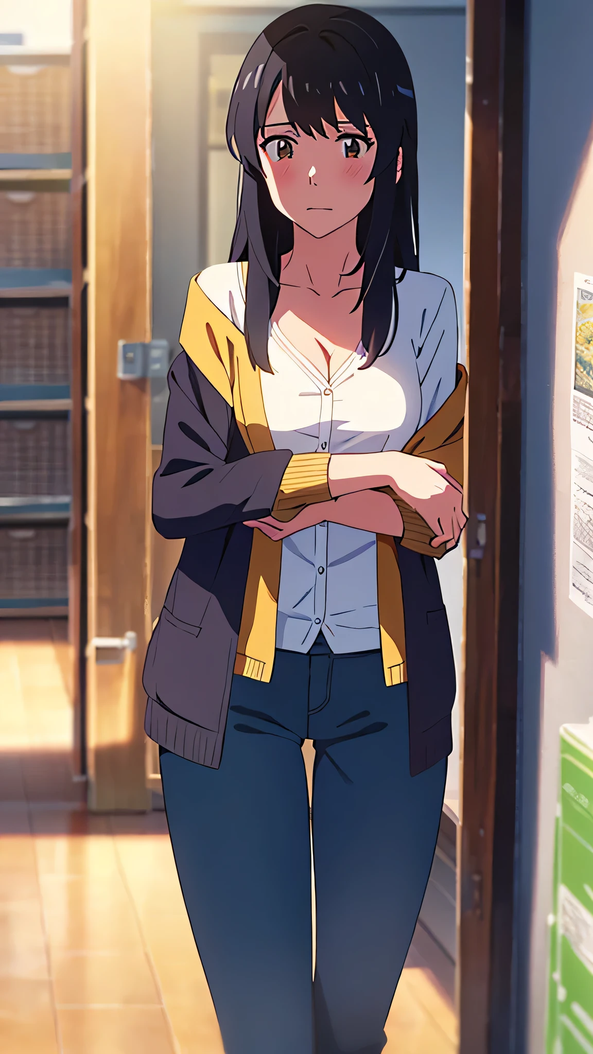 shinkai makoto, kimi no na wa., 1middle age man, wrinkle face, black hair,bangs swept to the right side, office suit, middle aged man caressing girl's body, kiss cheeks, passionate hug, boy is hugging from behind, chestgrope from behind, middle aged man is touchig girl's chest, hold chest, 1girl, bangs, black hair, brown eyes, Twisted Half Up Hair, red ribbon, long hair, yellow cardigan,off shoulder cardigan, open shirt, white shirt, cleavage, breast, medium breast, blue pants, storage room, indoors, masterpiece, perfect anatomy, cowboyshot