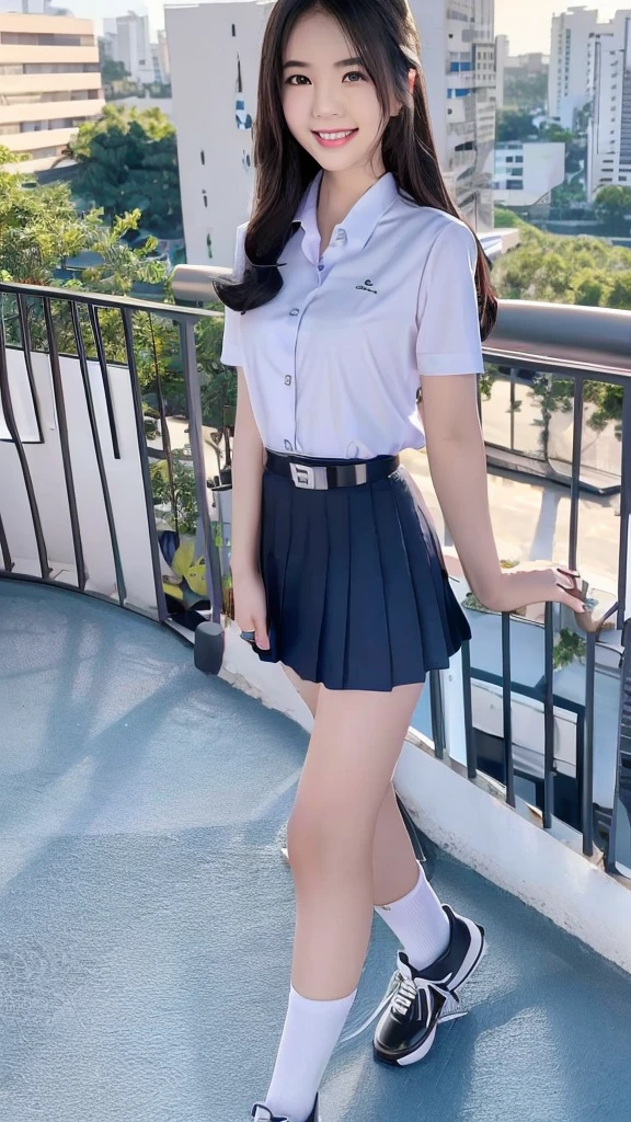 highest resolution, 8ก, high definition, (((long hair))), (( thai student, half-caste, Thai-Japanese-Korean, Age 18-25 years, Height 173 centimeters)), (((stand, walk))) , (((Beautiful face, แต่งBeautiful face, Double eyelids, red lips, smile at the corner of your mouth., beautiful eyes))), ((beautiful woman, Actual Image)), ((short sleeve, เสื้อเชิ้ตสีขาวthin ๆ, collared shirt)), ((Name embroidered in blue letters on the right chest of the shirt.., have a name "Porn videos" Rungruangpiwatsakul")), ((สัญลักษณ์โลโก้schoolที่อกซ้าย)), ((Dark blue long pleated skirt.., Cover the whole leg)), ((Blue skirt, มีbeltผู้หญิง)), ((big breasts, breast augmentation)), ((Symmetrical shape, sexy body)), ((thin, small waist)), ((black  school shoes, Short white socks)), ((Wear a watch, belt)), (((full body, Look at every part of the body.))), ((background, balcony, building, school, building))