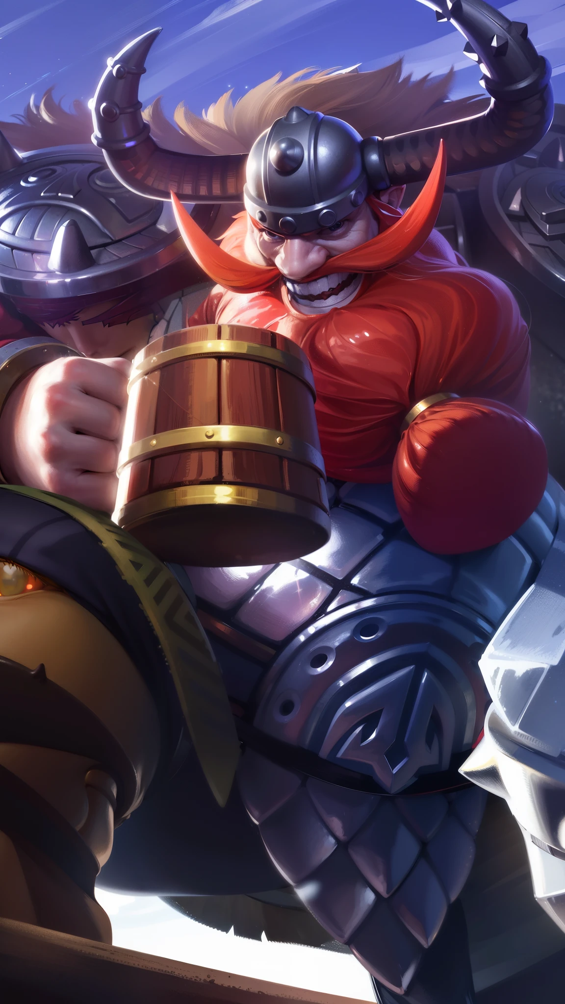 masculine male, masterpiece, ((perfect eyes)) best quality, (semirealism:1.9), beautiful lighting, (extremely detailed CG unity 4k fhd wallpaper), High Detail, Sharp focus, dramatic outdoors,40 years old, brown short hair, blue eyes, smile, Boy with two big horns, big earrings on ears, elf ear, red eyes, Thick eyebrows, evil smile, grinning,red body, red face, Burning skin, yellow diamonds glistening on chest, burning red skin,golden robe behind, big white belt , 8k , realistic, scary.