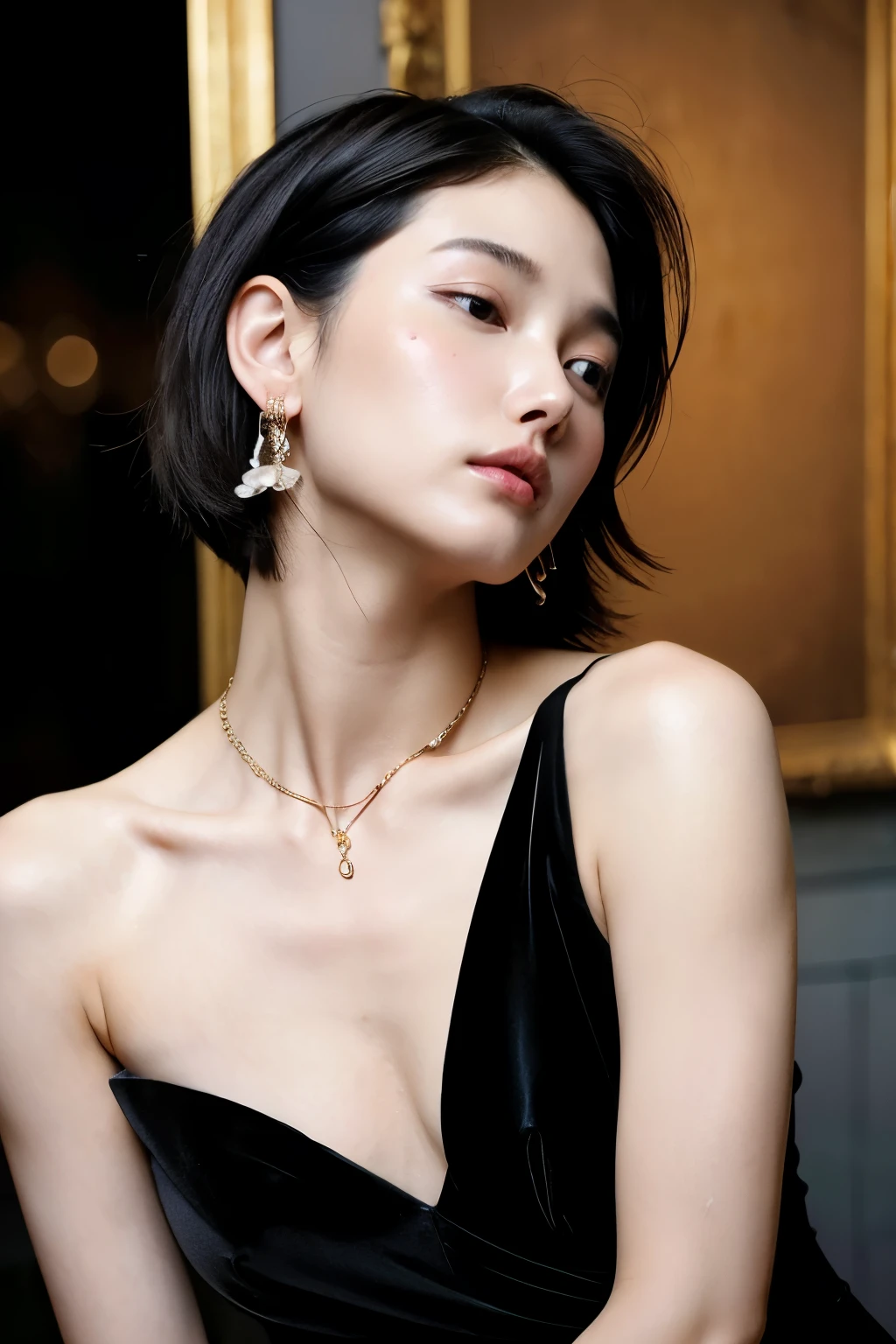 Beauty,Perfect beauty,party venue,black short hair、28 years old、sex appeal、boyish、cool、luxury、small face、beautiful clavicle、highest quality、Pancake muscles、earrings、necklace、gorgeous、black dress with deep neckline、Eroticism、small breasts、Wistful expression、sexy、back、delicate、masterpiece