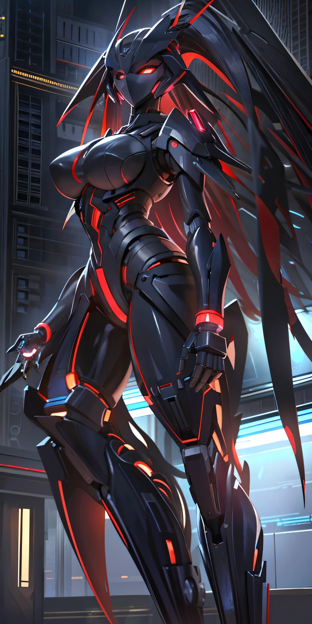 Female, Dark_fantasy,Cyberpunk,(mechs,Black and red:1.1),1人,Mechanical Wonder,Robotic presence,cybernetic guardians,Masterpiece,full bodyesbian,finely detailled,At night, masked shiny metal, shadowy,8k, big breasts