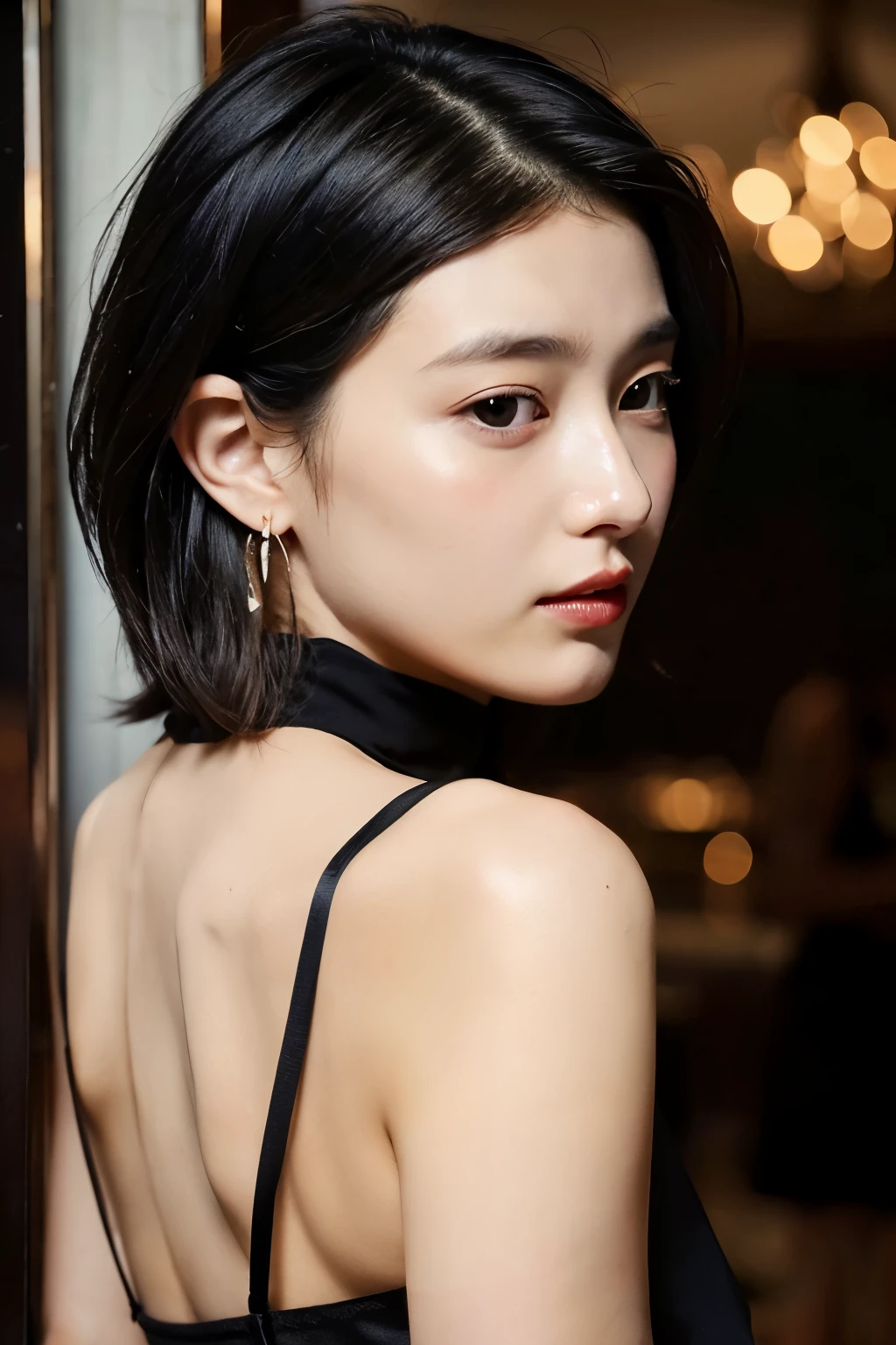 Beauty,Perfect beauty,party venue,black short hair、28 years old、sex appeal、boyish、cool、luxury、small face、beautiful clavicle、highest quality、Pancake muscles、earrings、necklace、gorgeous、black dress with deep neckline、Eroticism、small breasts、Wistful expression、sexy、back、delicate、masterpiece